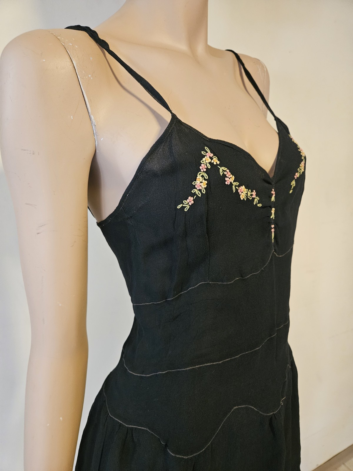 Art Deco Vintage 1920s Black Silk Chiffon Teddy Slip Dress W Floral Embroidery