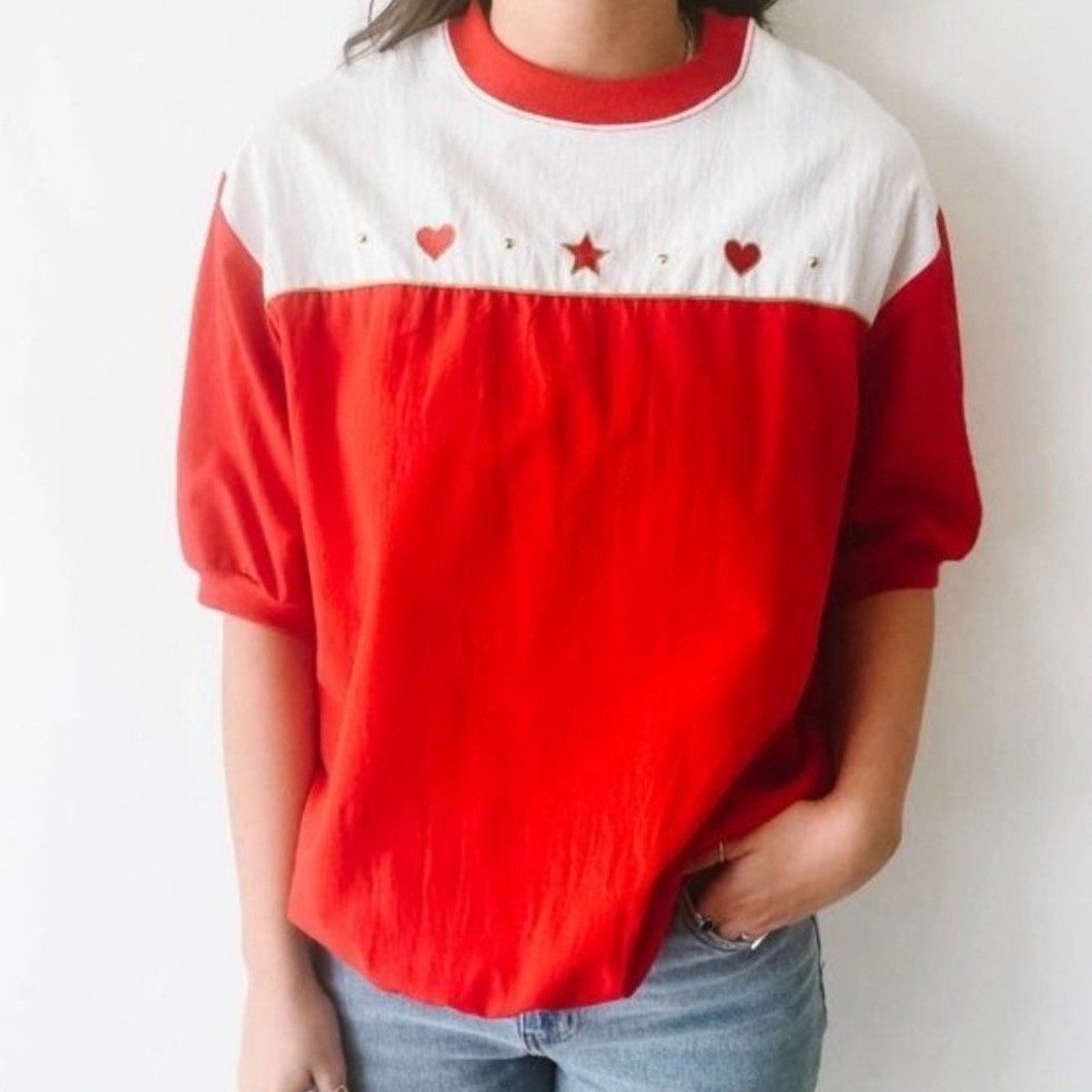 Vintage BonWorth Red White Colorblock Heart Star Studded Blouse Top Womens