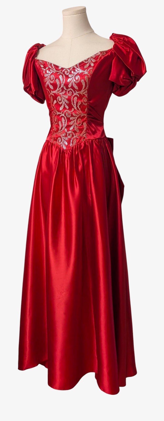 Vintage 70’s 80’s Red Satin Silver Lace Prom Gown Dress Puffy Sleeves Bustle S