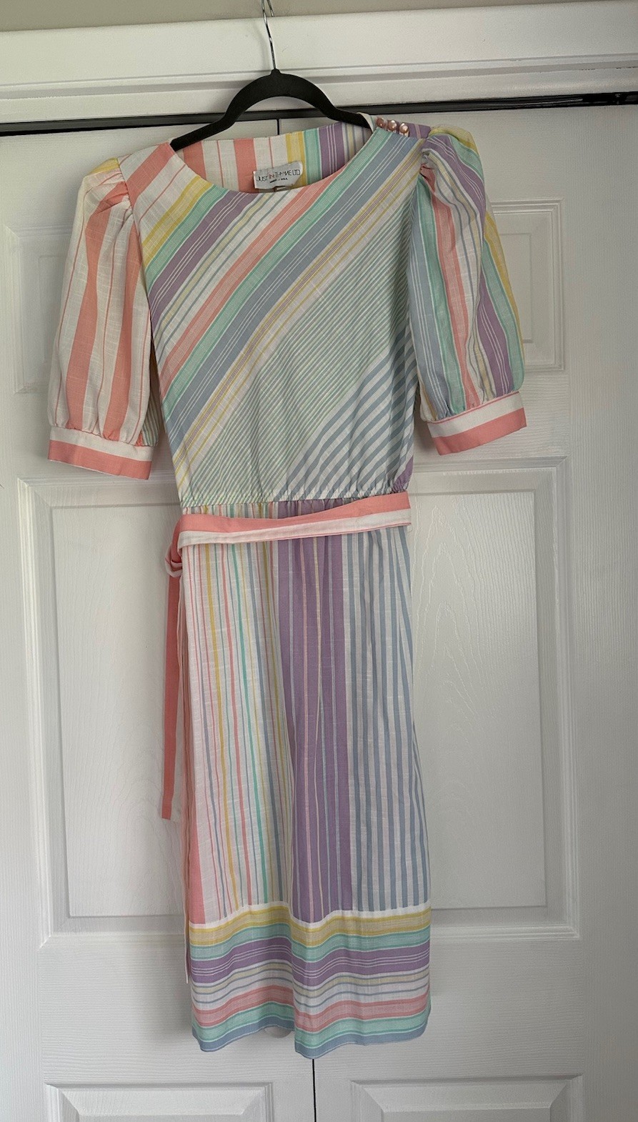Just In Thyme Vintage Dress 8 Spring Summer Tie Waist Pastel Stripe 70s 80s USA