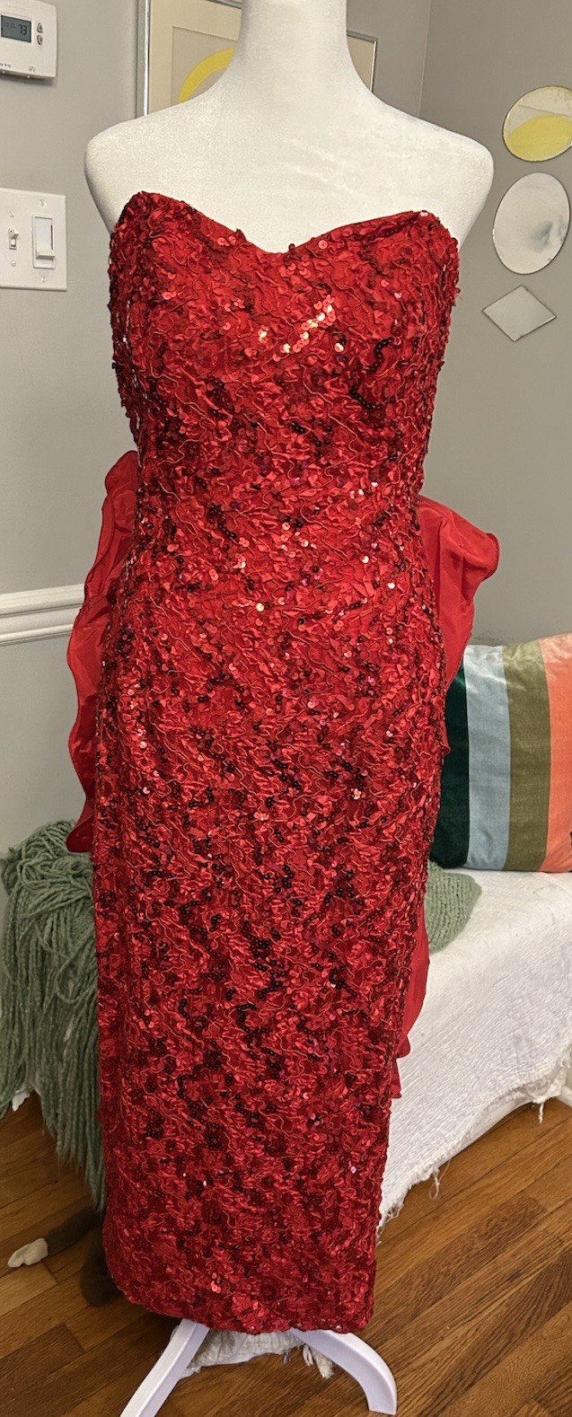 Vintage Dave And Johnny Dress 80s Red Sequin Bow Strapless Sweetheart 8 Medium