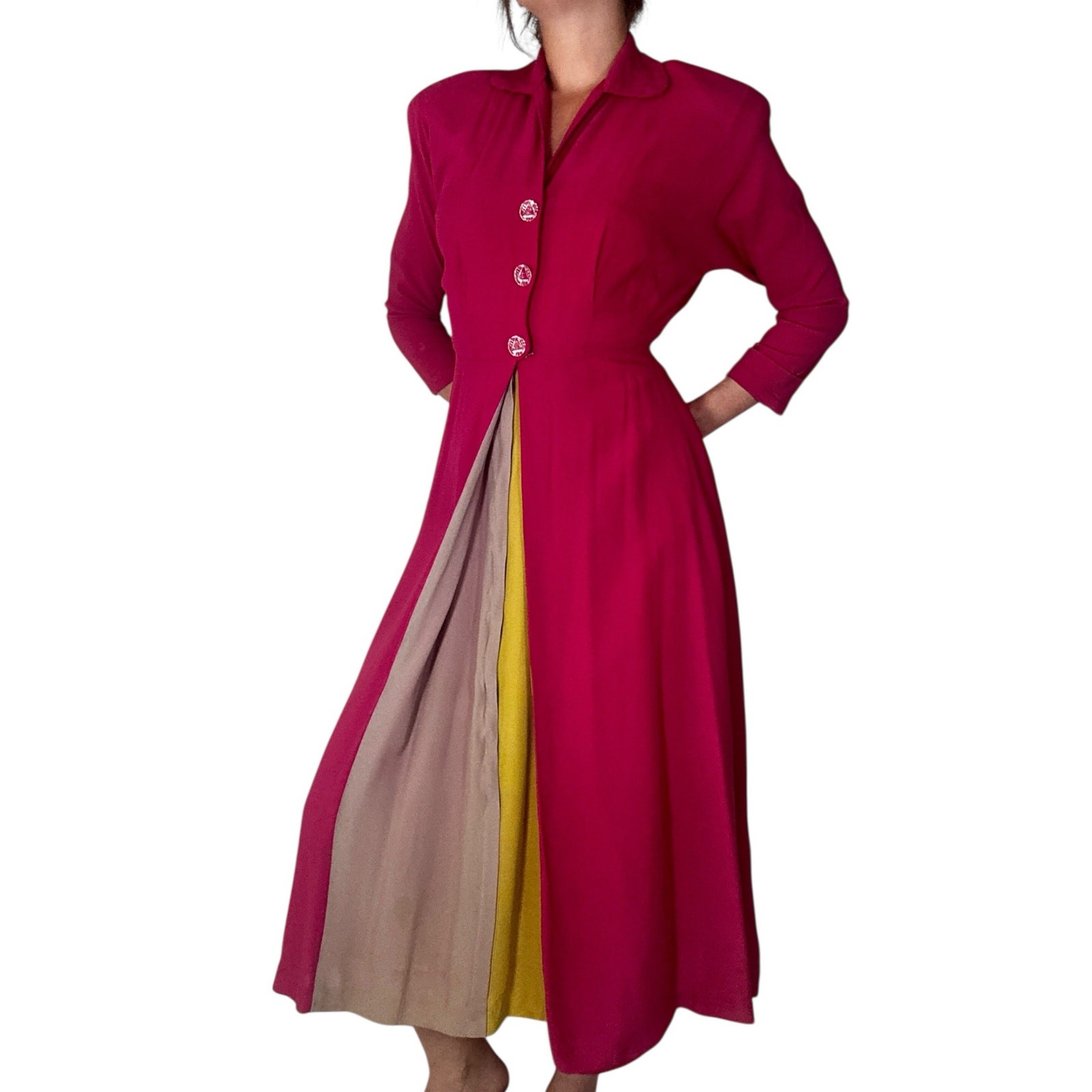 Vintage 1940s Saybury Magenta Dress & Slip Set Rare Colorblock Peek-a-Boo Pleats
