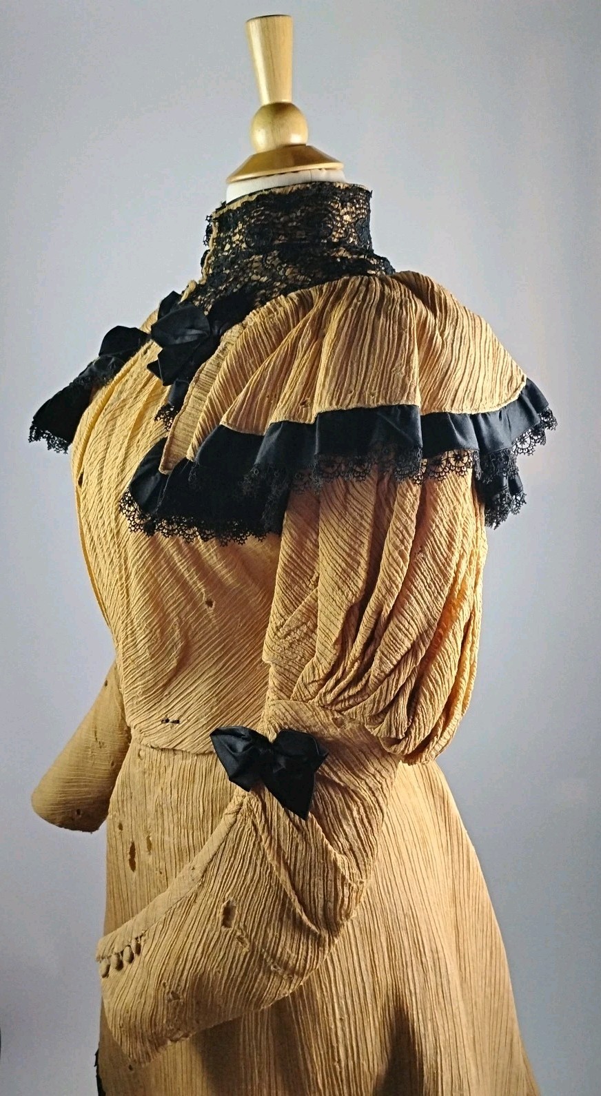 Antique c.1880 Victorian Bustle Silk Dress Black Trim Two Piece Gown Paris Label