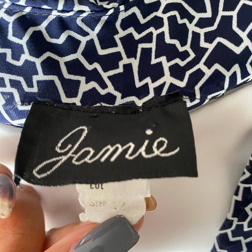 Jamie 12 Navy White Dress Long Sleeve Pleated Skirt Geometric Print Vintage 80s