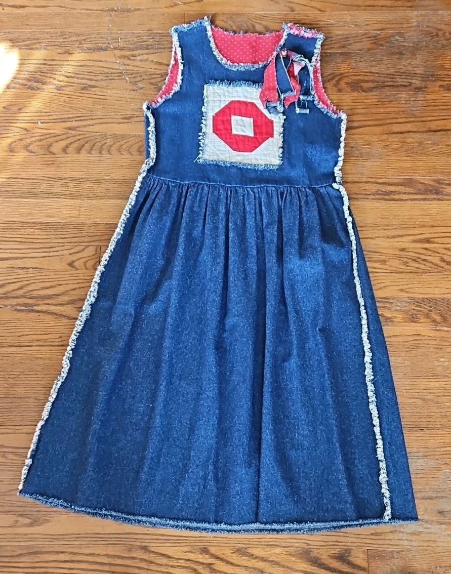 Vintage Upcycled Denim Quilted Fringed Dress Handmde Womans 38 Inch Chest