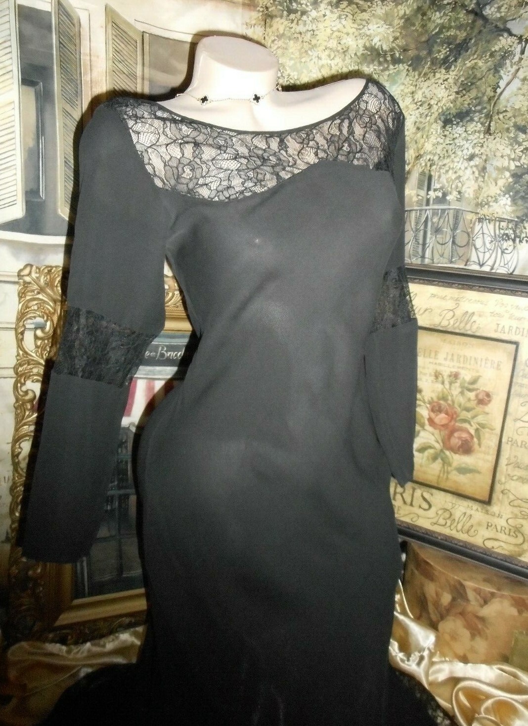 S P Victoria’s Secret Silk Gown Dress Long Black Chiffon Lace BackTrain 3/4 Slv