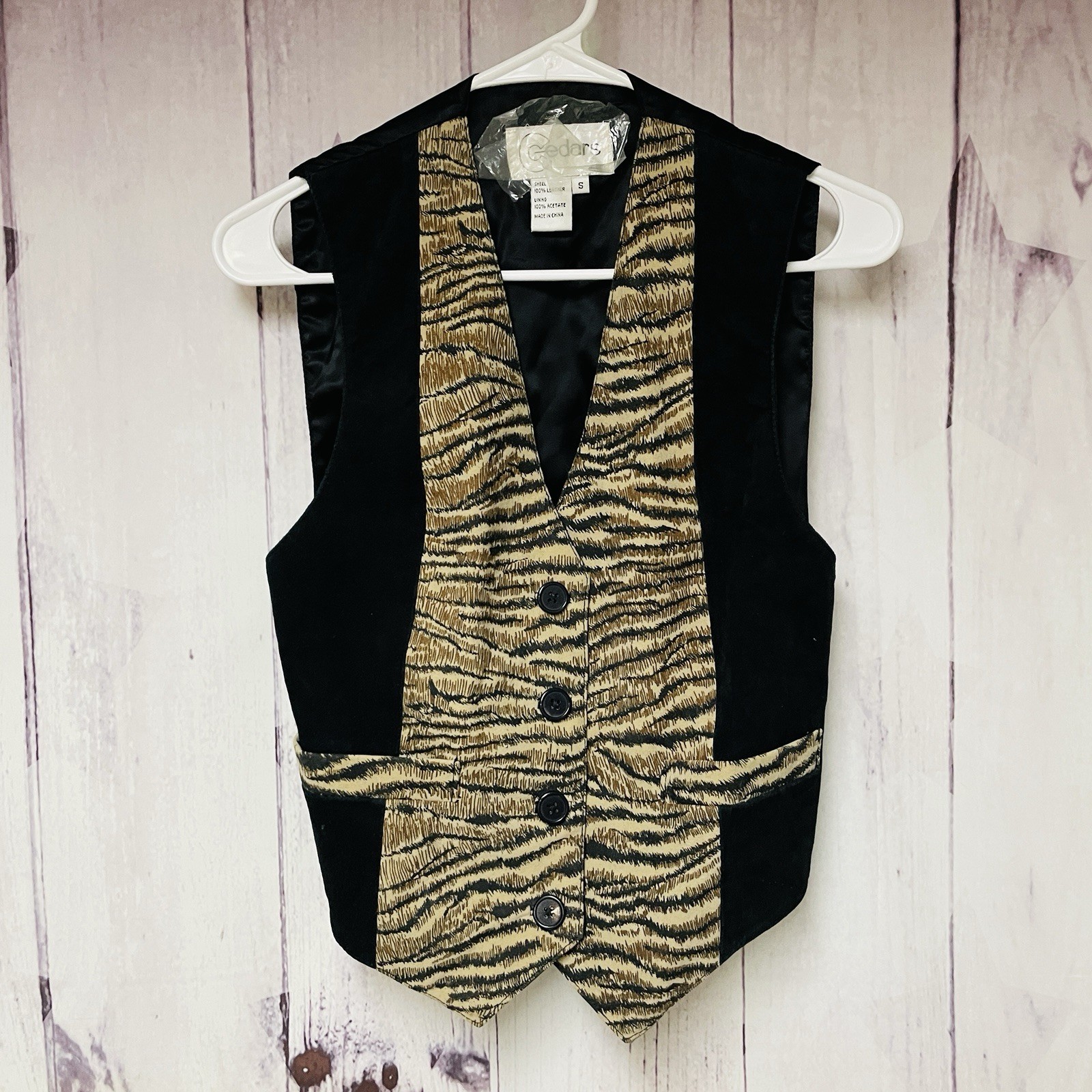 Vintage Cedars Leopard Animal Print Leather Vest Button Front Size Small