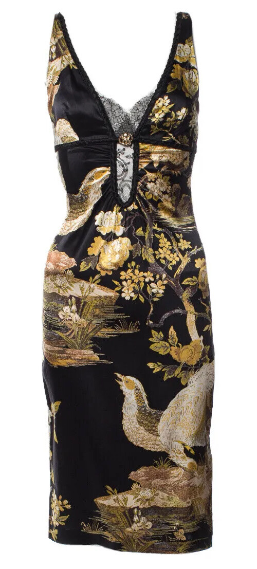 *ROBERTO CAVALLI* F/W 2006 Runway Bird & Floral Print Stretch Silk Dress IT 40