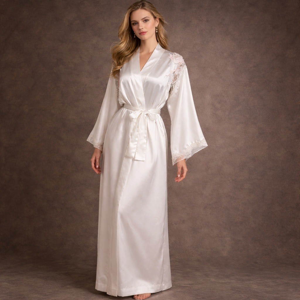 Natori Vintage White Cream Satin Robe Floral Lace Wedding Bridal Trousseau Large