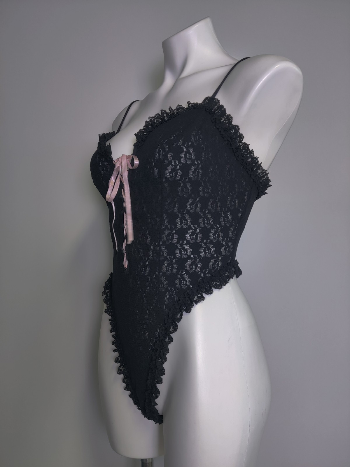 Vintage Lady Cameo Dallas Black Stretch Lace Teddy Thong Pink Bow Med USA