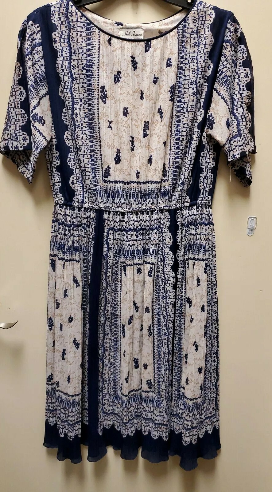 Vtg 70s Hal Ferman Navy Blue and Tan Semi Sheer Pleated Dress Small Wd33