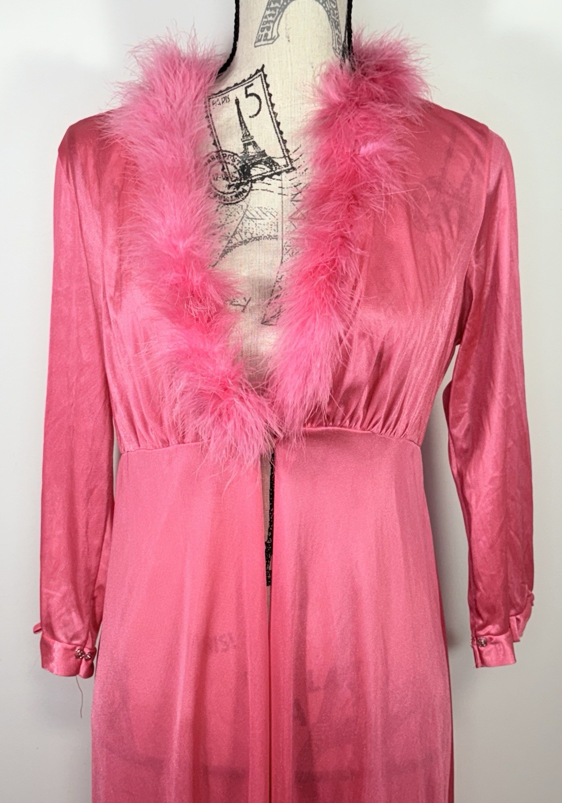 Dorsay Pink Sheer Chiffon Peignoir Robe w Feather Trim Medium vtg 1960’s Mad Men