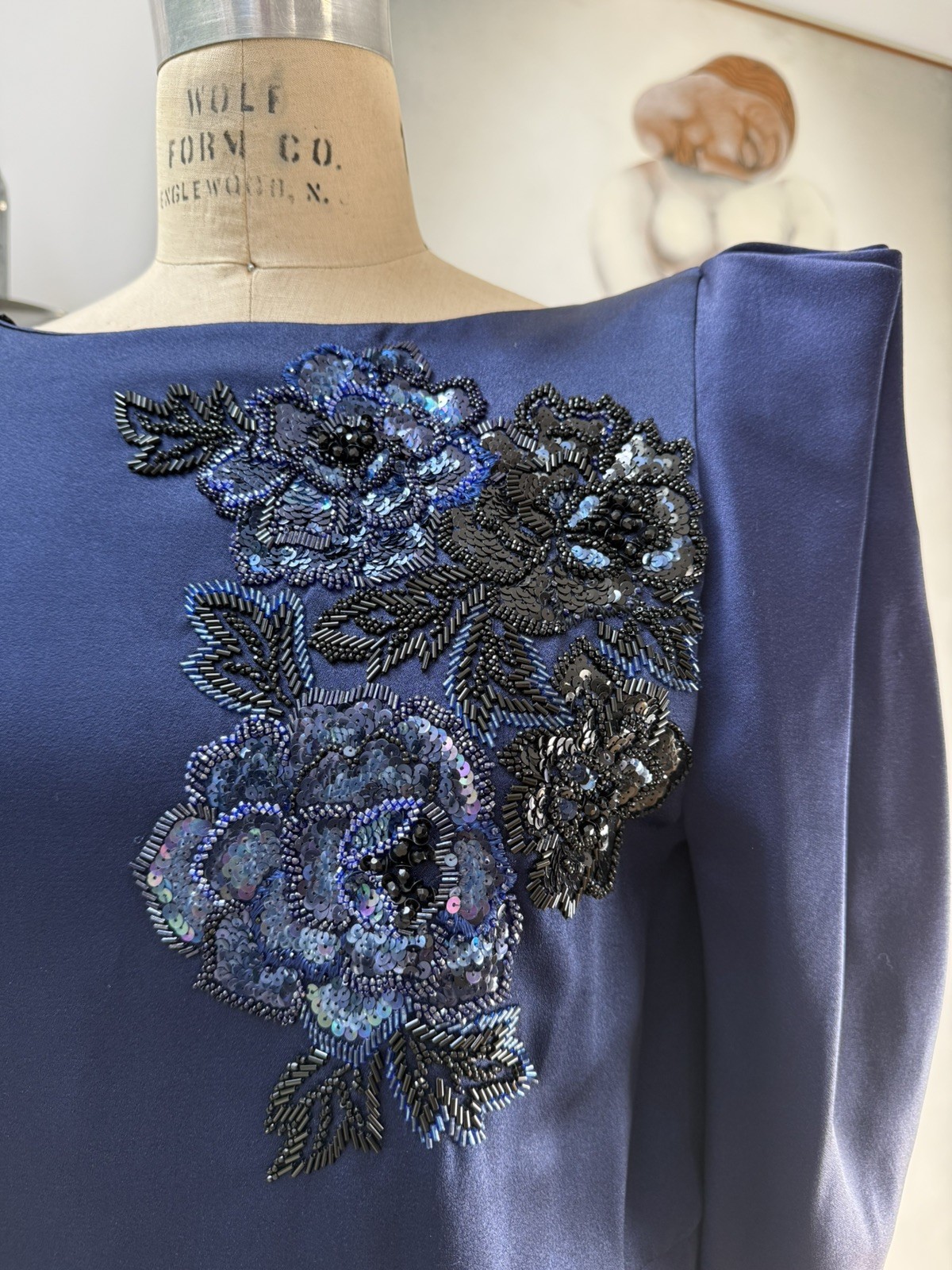 ODICINI Couture Silk Top Vintage 80s Blue Sequin Avant Garde Structured Floral