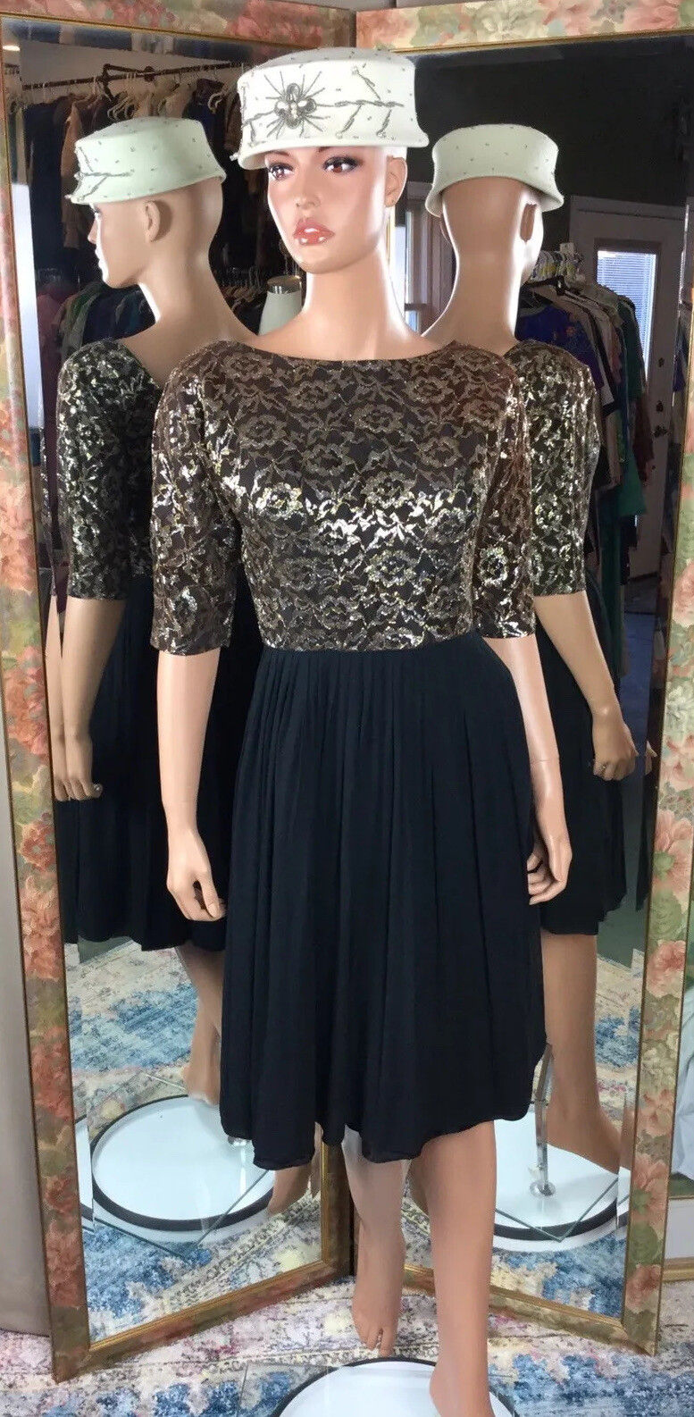 VTG Black Dress Metallic Gold Silver Bodice Gathered Skirt Sz 6 Layered Skirt