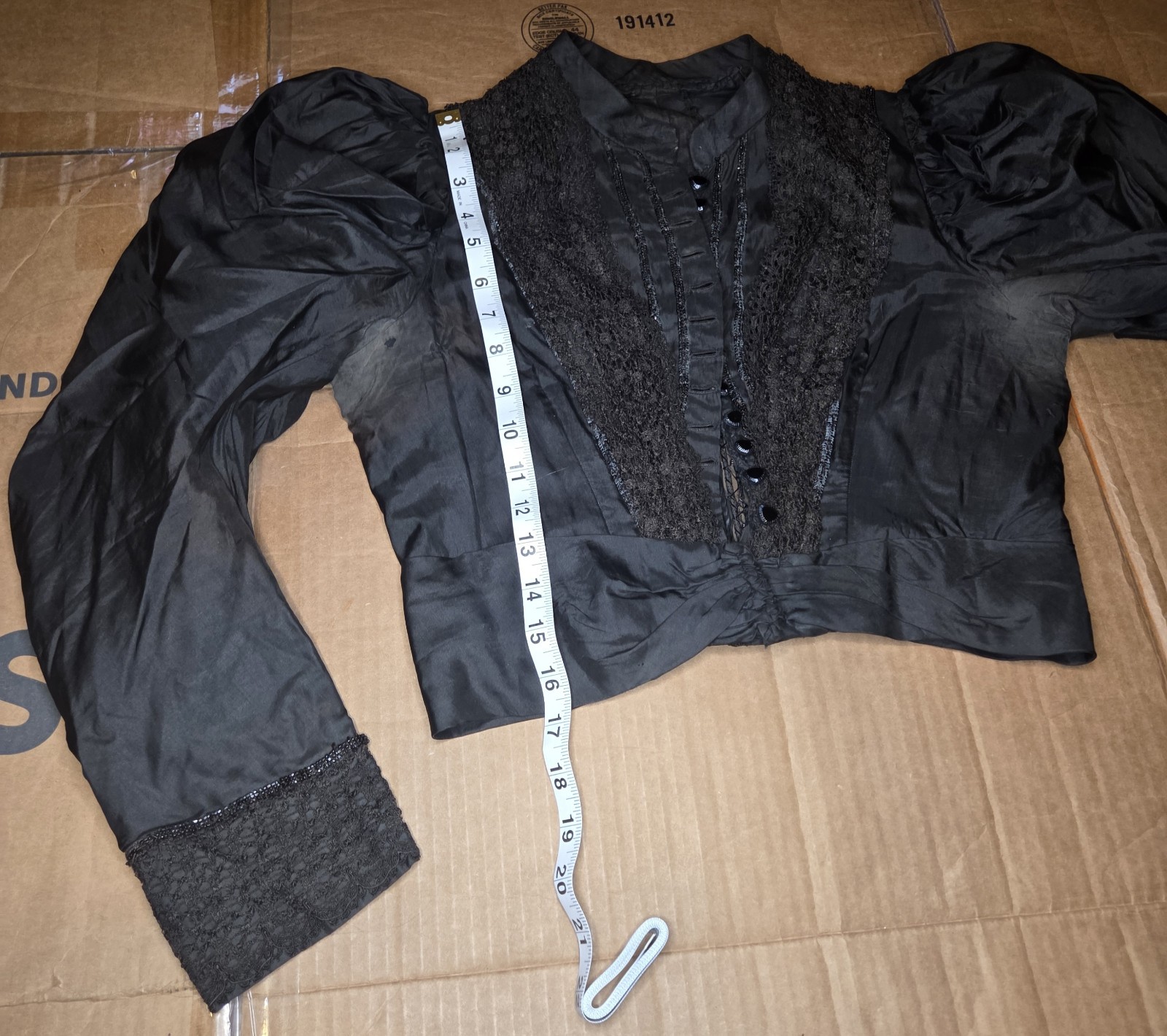 Black Victorian Silk Leg Of Mutton Sleeved Bodice With Lace & Glass Buttons READ
