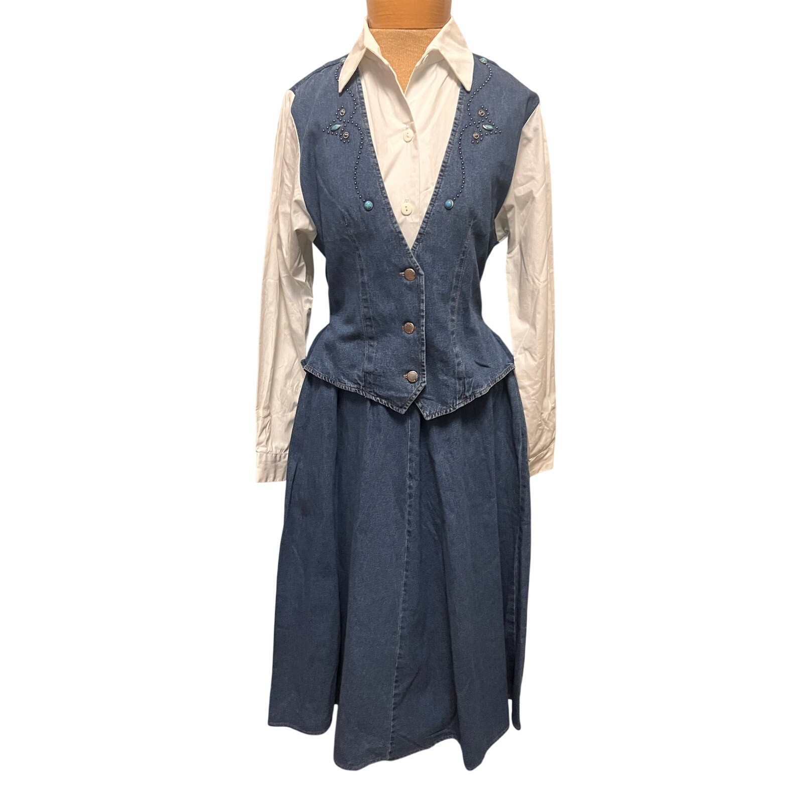 Vintage Scarlett Western denim vest shirt dress studded stone design Country