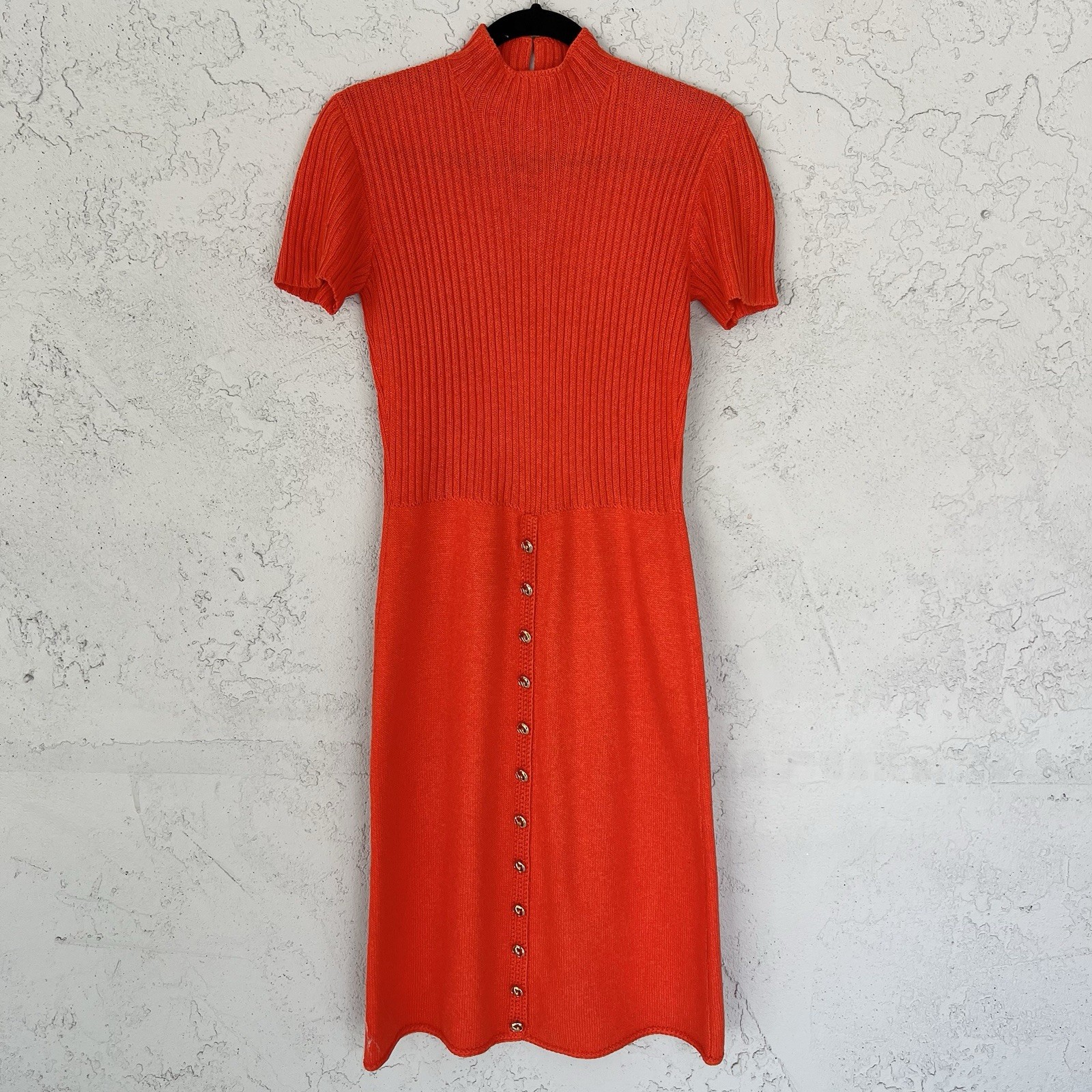 Vintage 1960s St. John Knit Dress Orange Mod A-Line Mock Neck Midi Dress Small