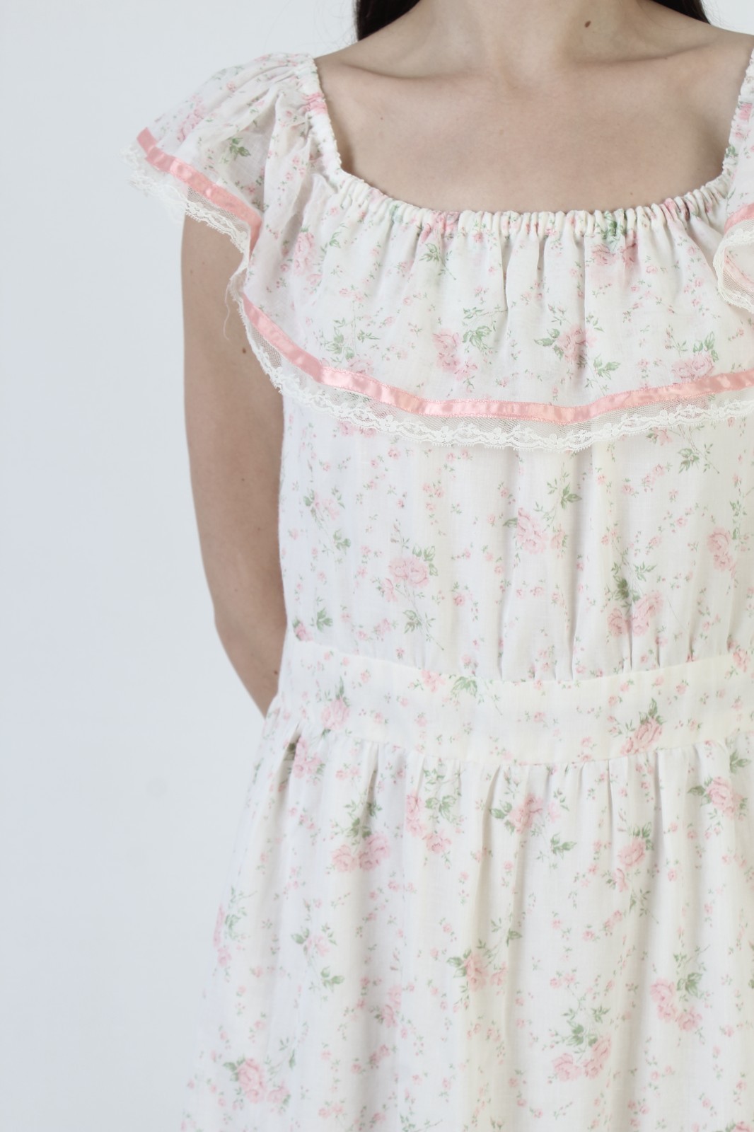 Vtg 70s White Off The Shoulder Prairie Dress Pink Floral Calico Cottage Sundress