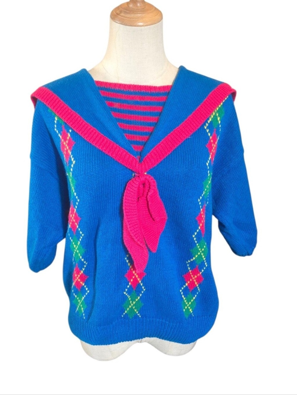 Robert Scott Ltd Vintage Blue & Pink Sailor Collar Argyle Knit Sweater