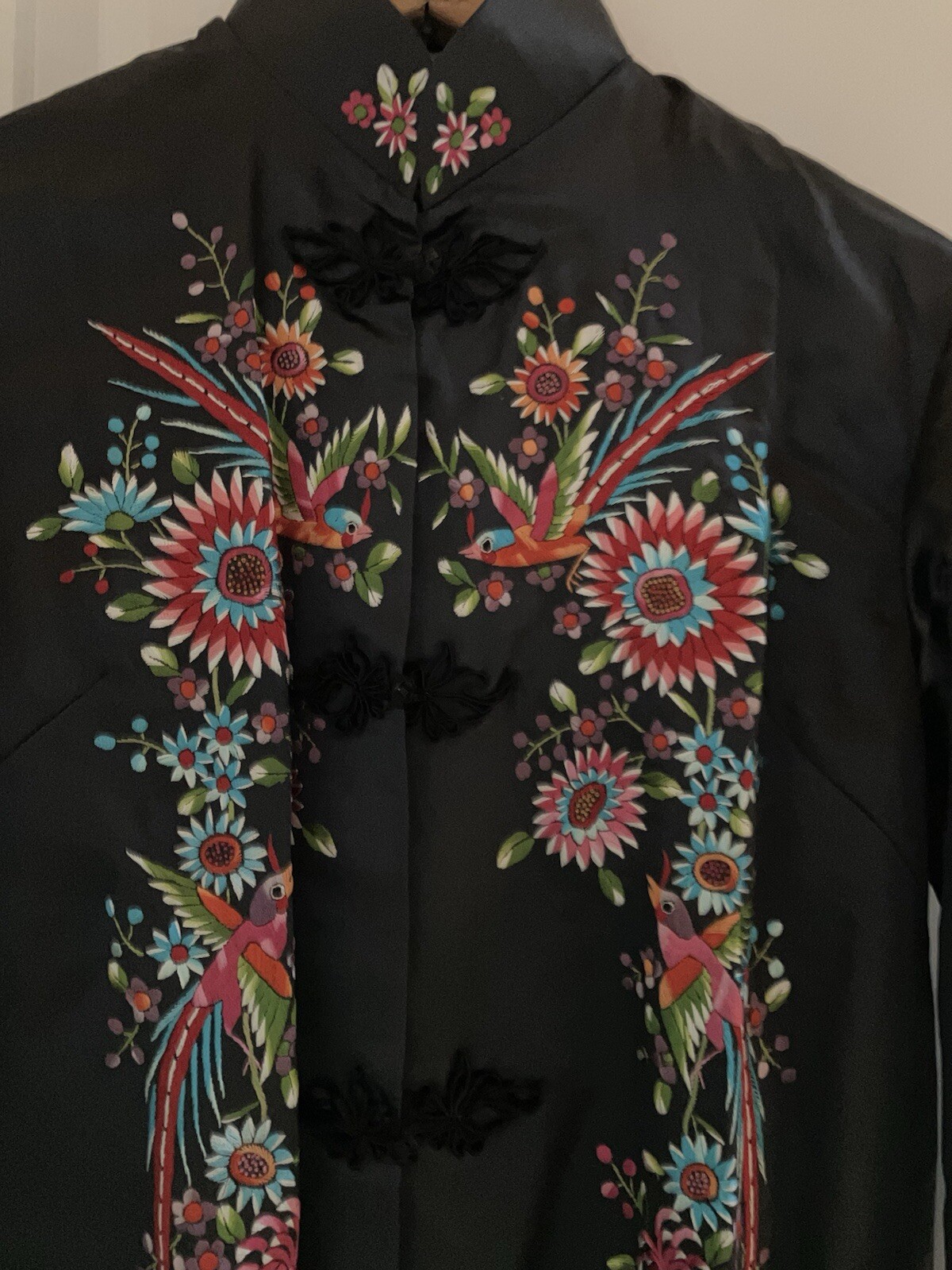 Vintage Plum Blossom Black Silky Embroidered Jacket Size Small