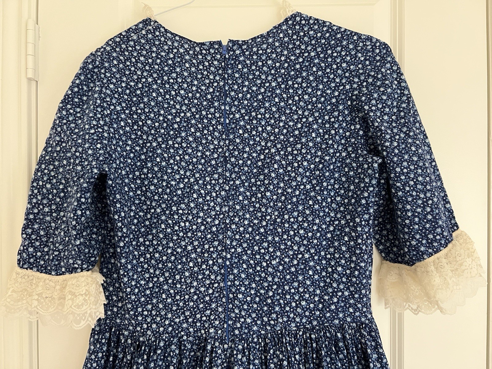 VTG Blue Floral/Lace Cotton Prairie Cottage Dress Size L Maxi Dress, 57” Long