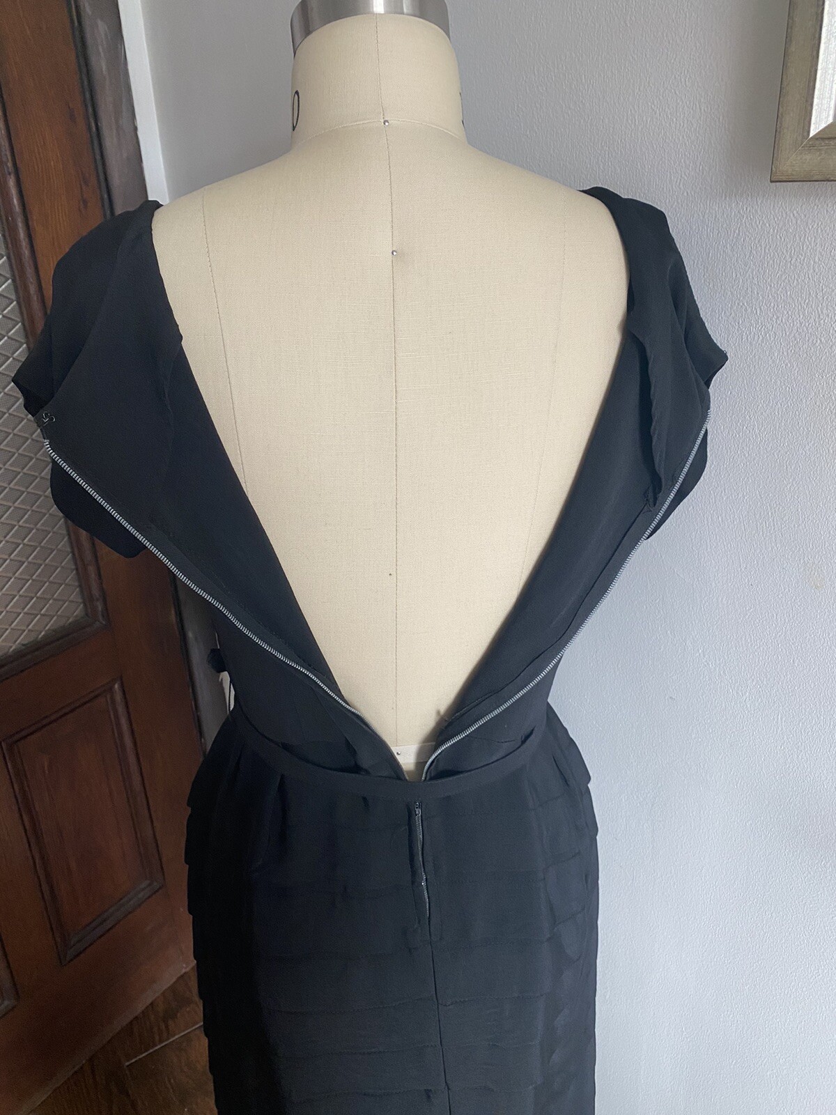 Vintage Dress Black Short Sleeves Lots Of Pleats Size 10 Belted Chest 34”