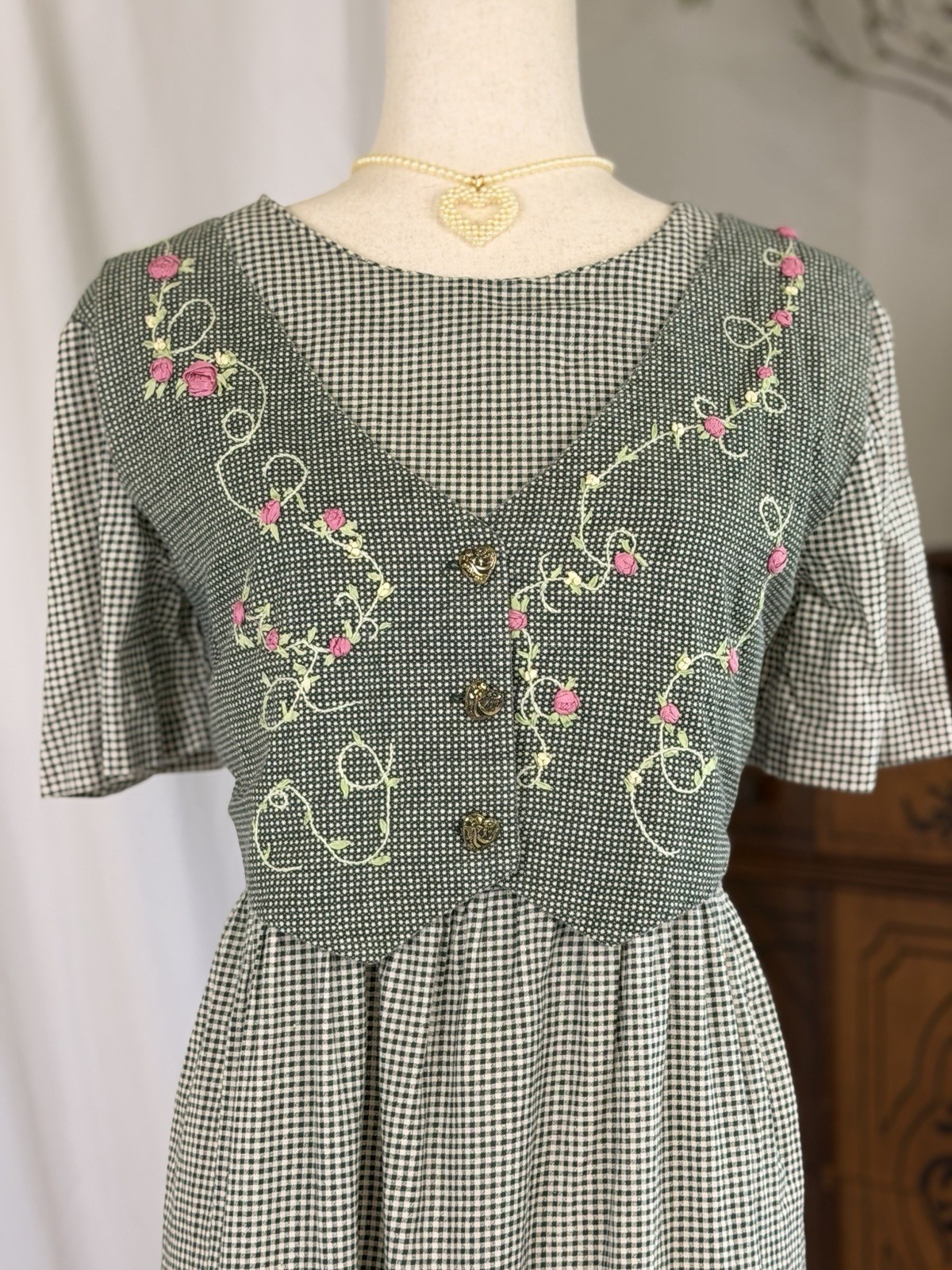 Handmade Vintage 90s Summer Cottage Dress XL with Embroidered Vest Midi Boho