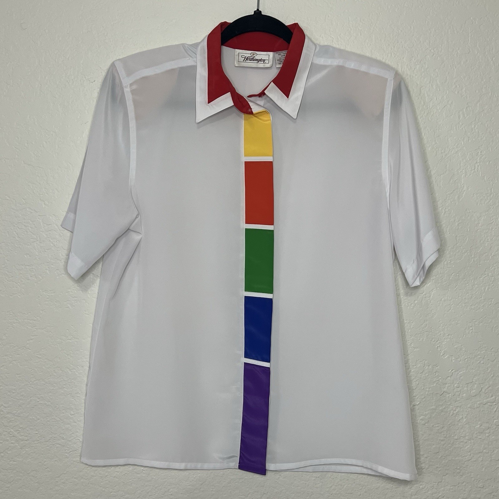 VTG Worthington White Rainbow Blouse Women’s Side 10M Button Up Short Sleeve 80s
