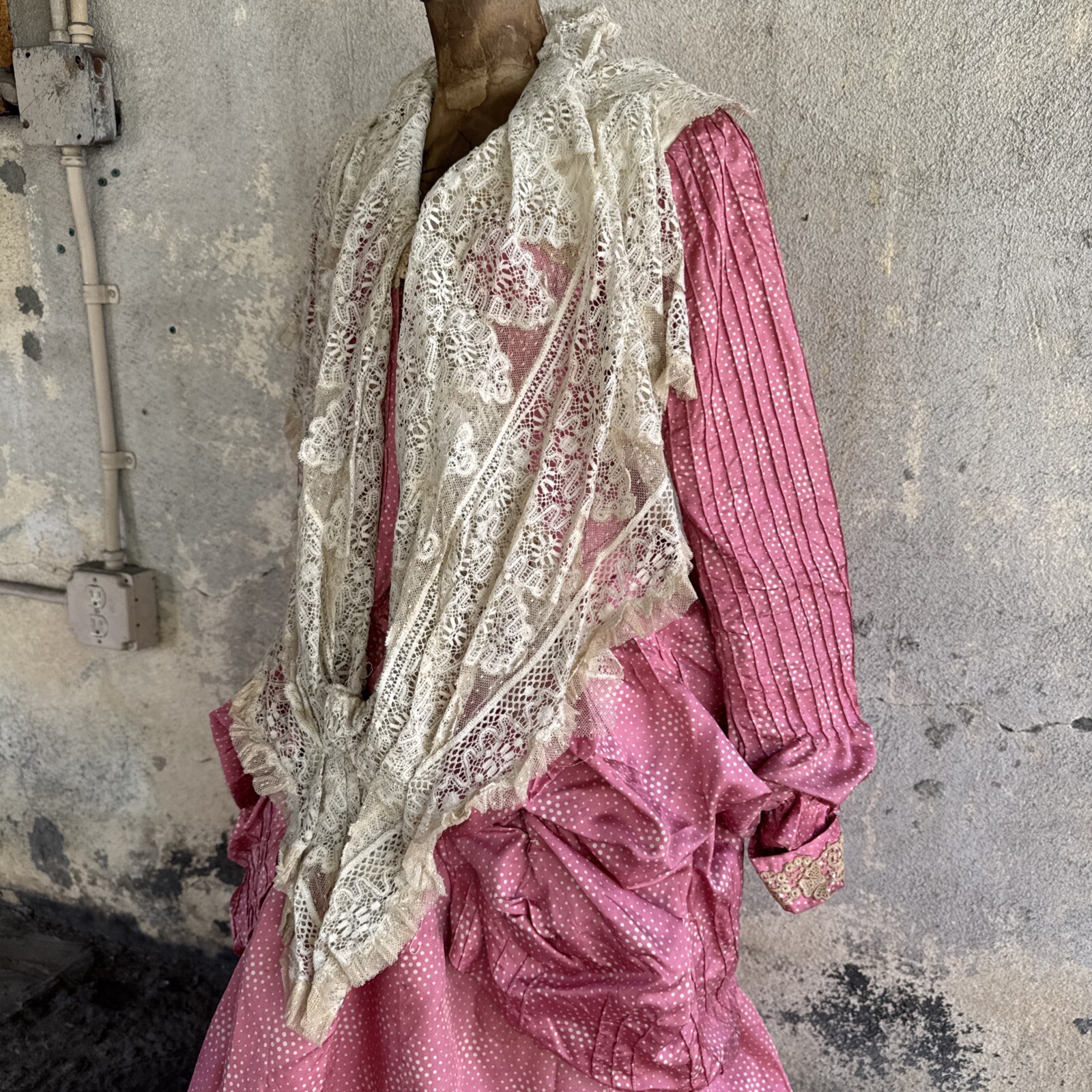 Antique Victorian Pink Silk Dot Print Dress Side Bustle Gown Lace 1880s Vintage