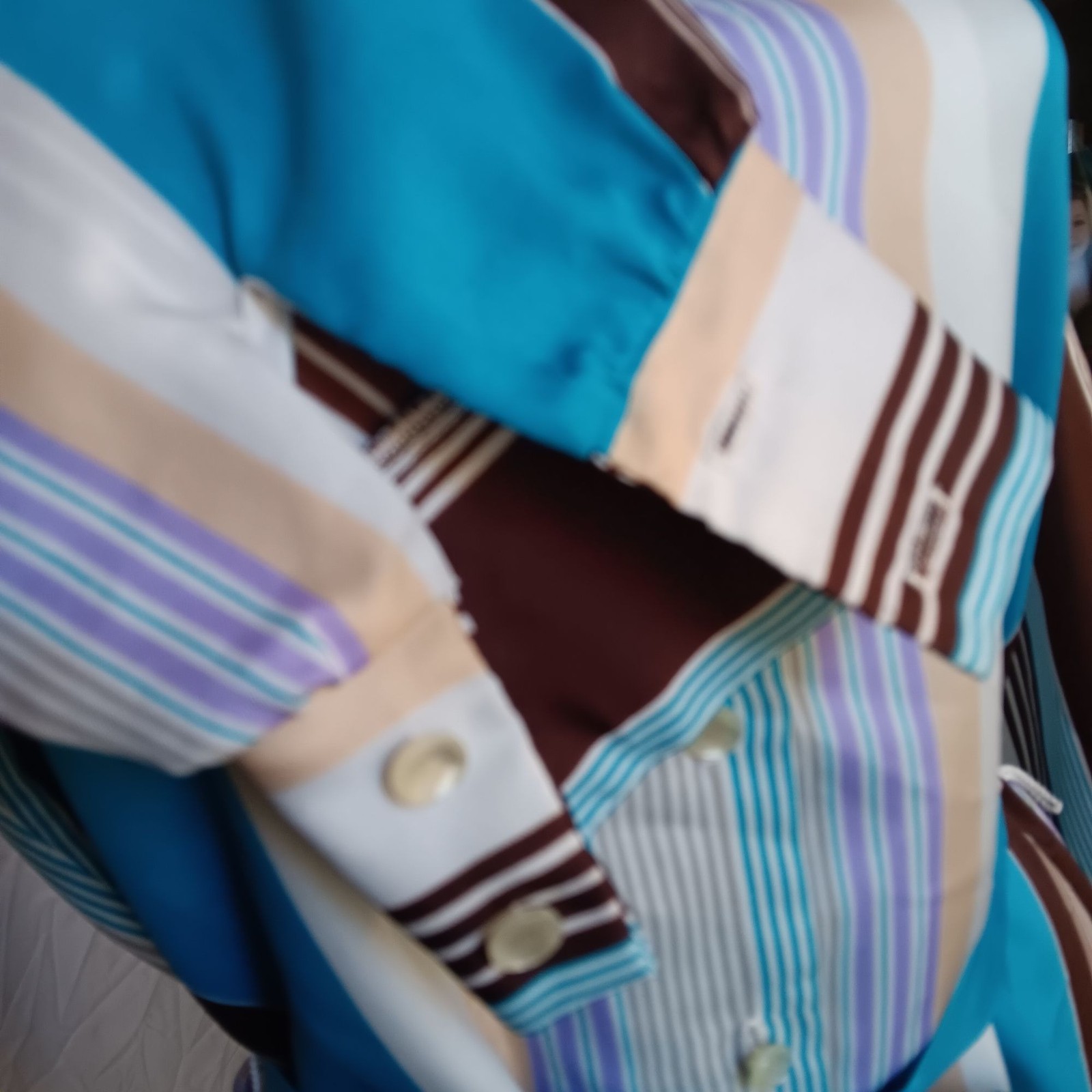 True Vintage Medium Belted Top 1970’s Graff Polyester Blue Brown Striped Brady