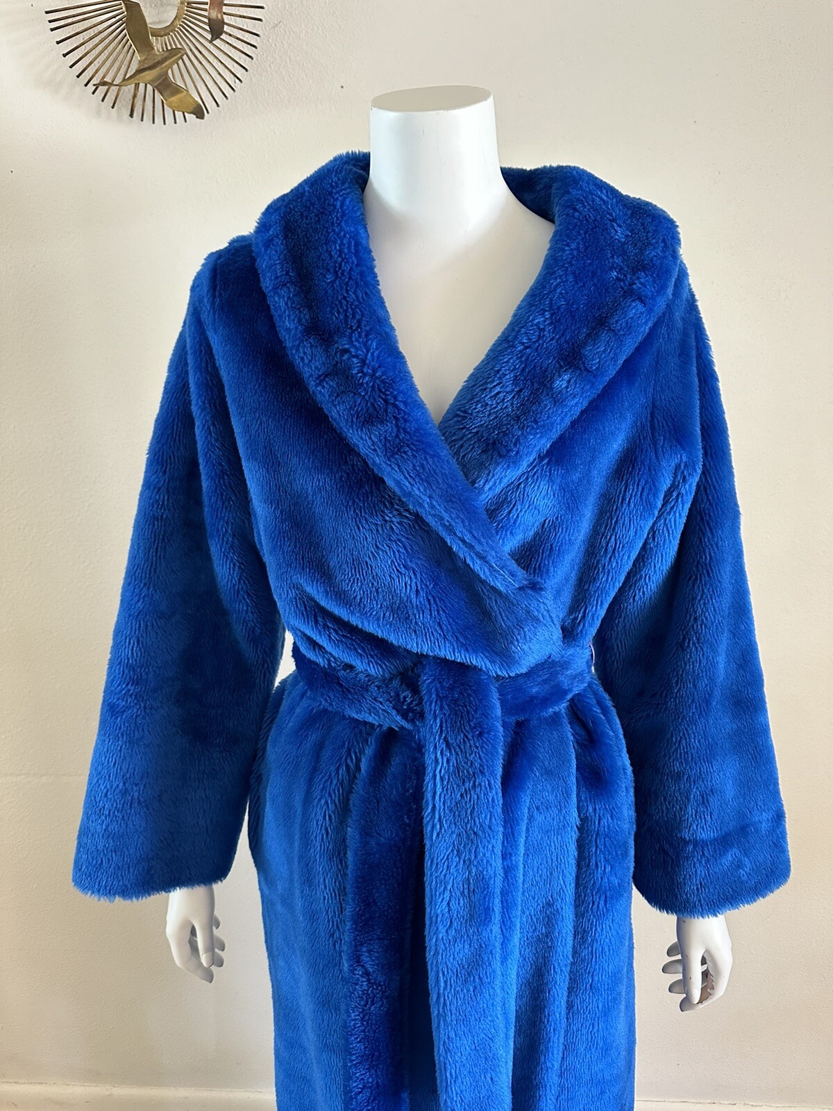 1970s Montgomery Ward Electric Blue Shag Robe Plush Faux Fur Belted Medium VTG