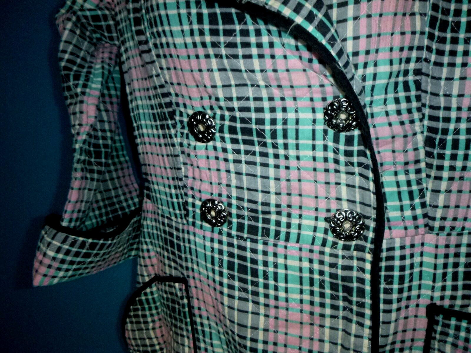Vtg 1940s Paintset Long Quilted Cotton Robe Black Aqua Pink Plaid Sz L/XL