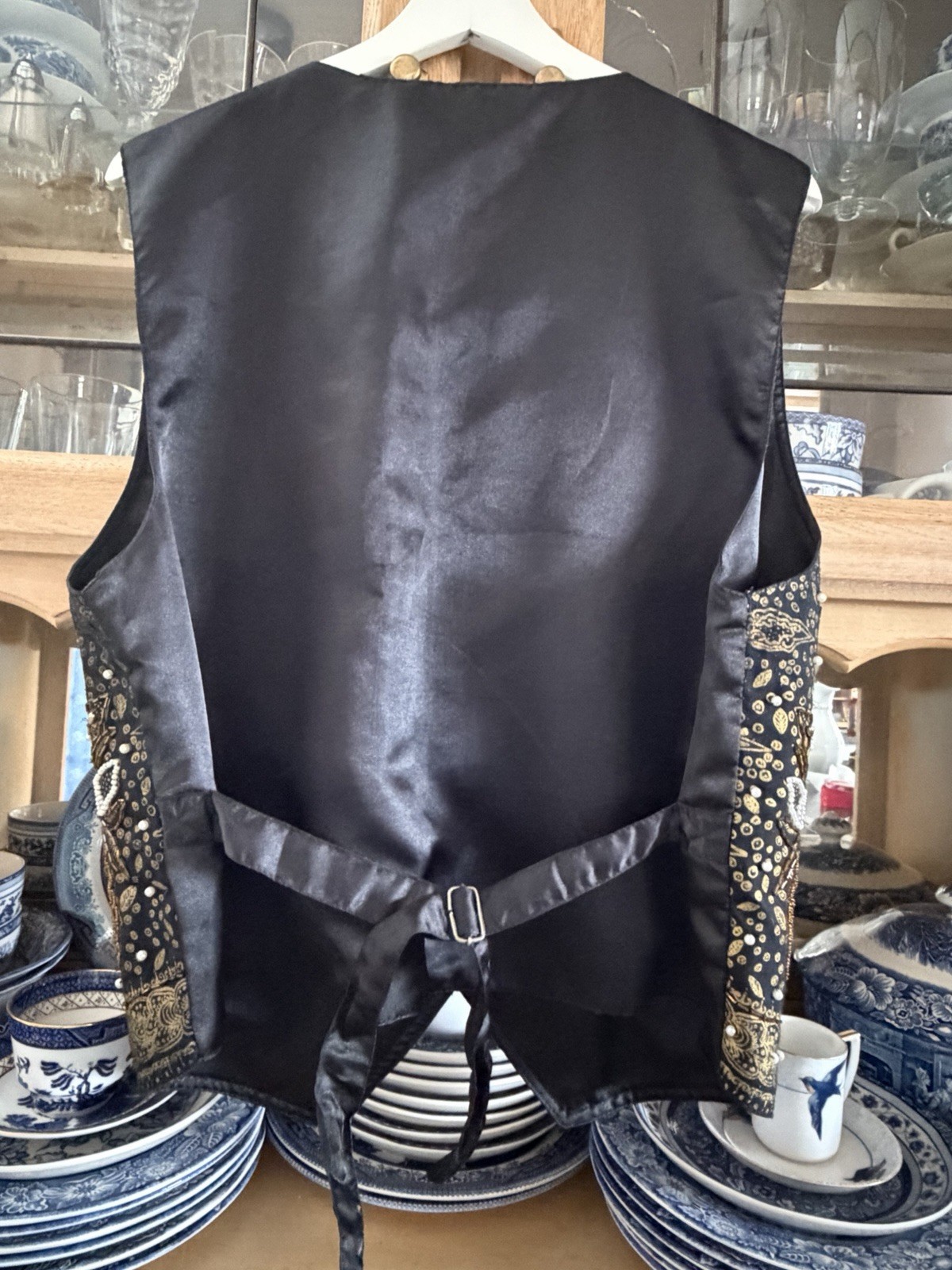 Vintage Bali Chic Ornate Gold Black Beaded Peacocks Satin Back OS Indonesia