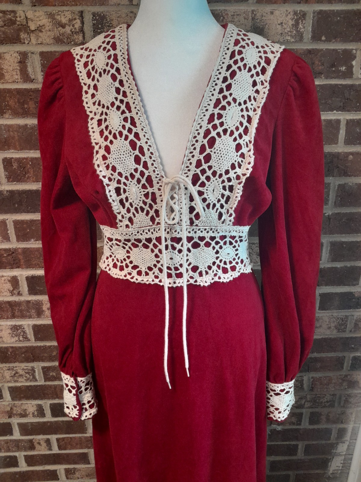 Vtg 70s Red Velour Dress Gunne Style Maxi Lace Up Crochet Prairie Renaissance