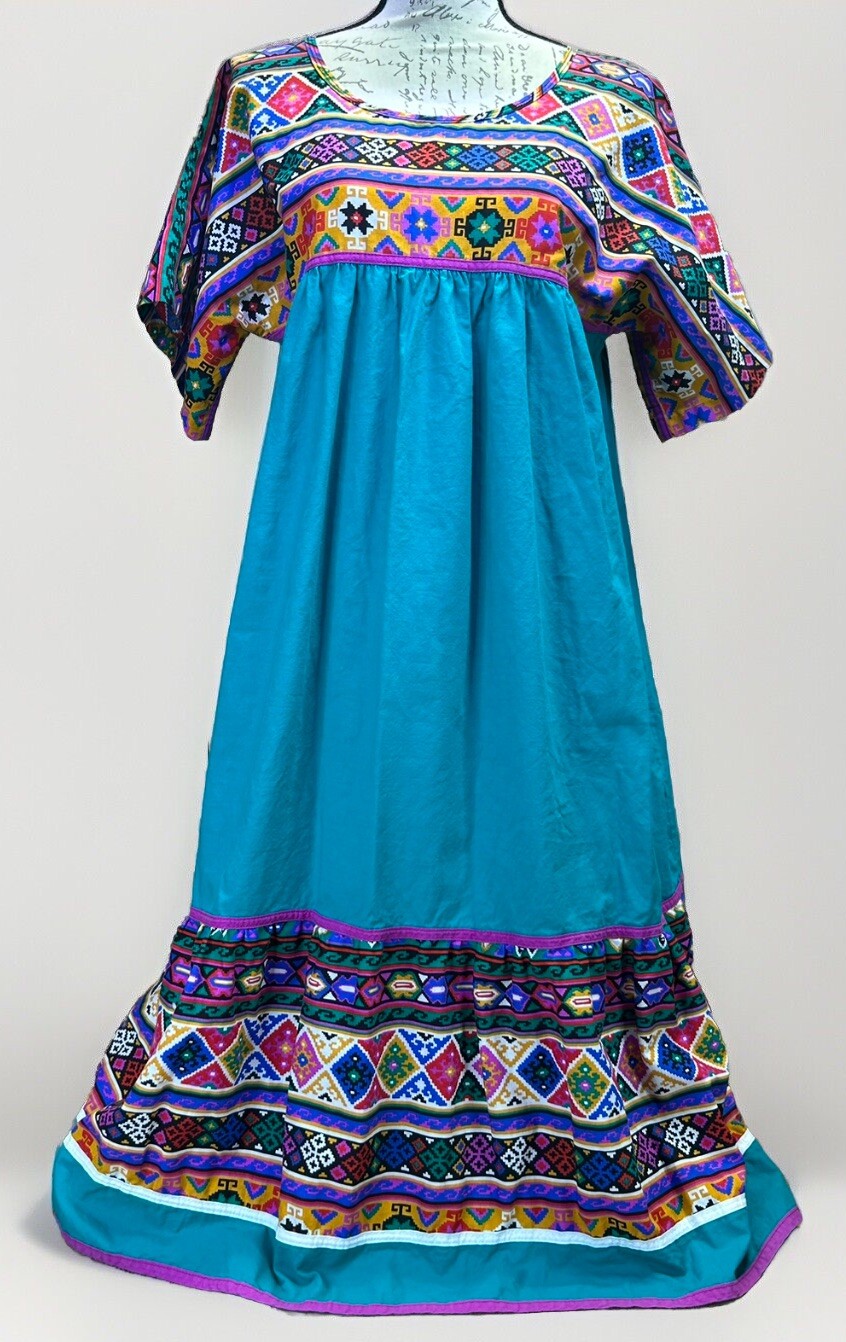 VTG 80s Appel Aztec Geometric Turquoise Colorful Midi Dress Women’s Side M/L