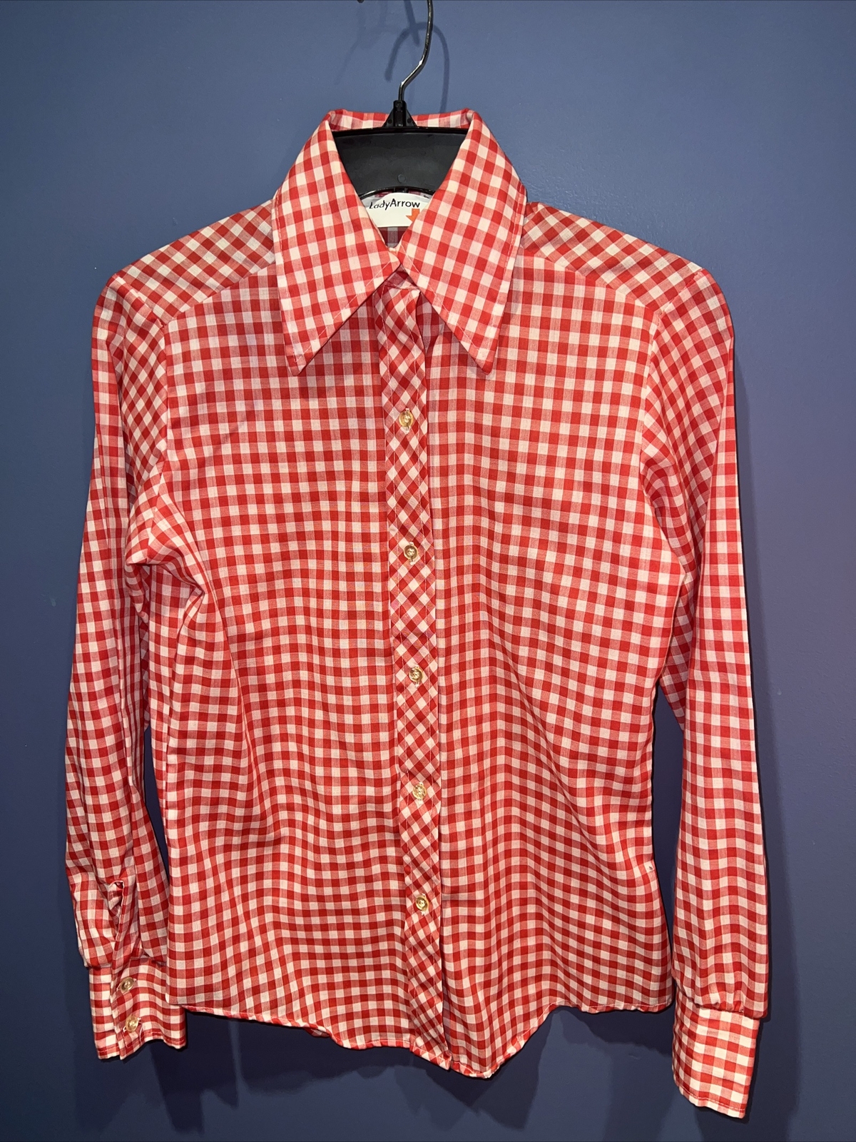 Lady Arrow Vintage Red White Plaid Long Sleeve Button Up Top S/M Wing Tip Collar