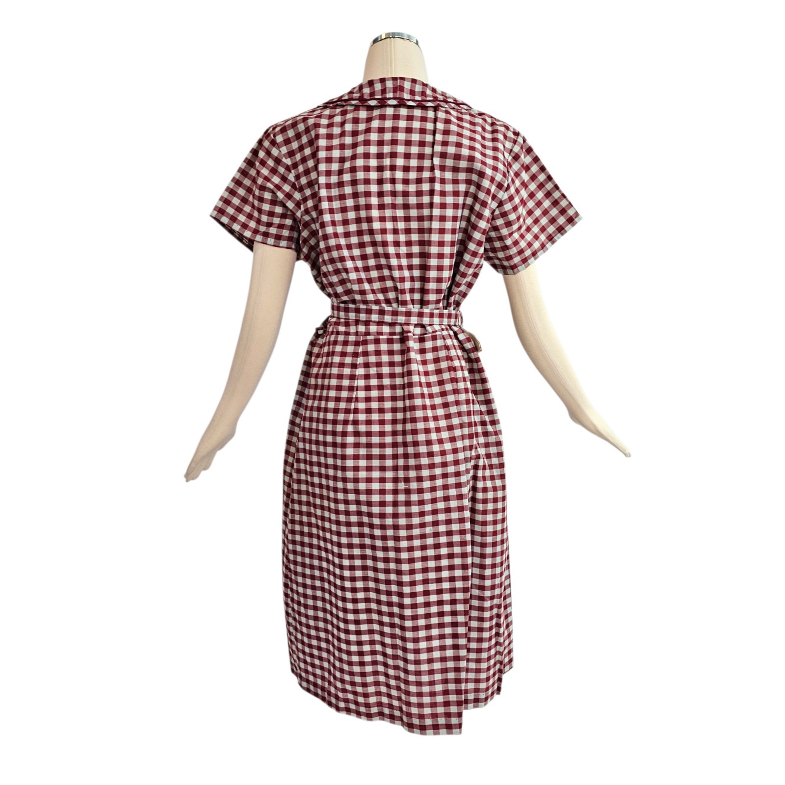 Vintage 1960’s Dress Maroon Baby Blue Gingam Check Foldover Collar Belt Buttons