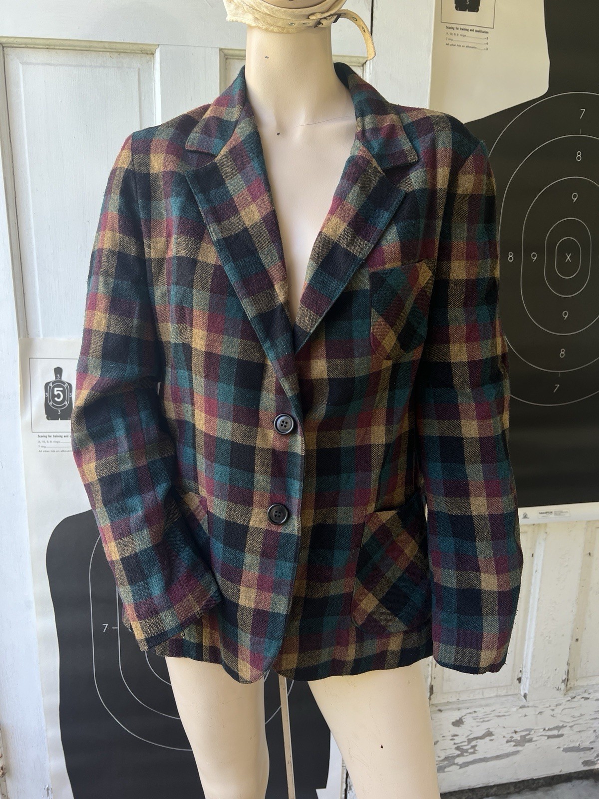 Vintage 70s Plaid Check Blazer Jacket Pockets Gingham Yellow Purple Blue Teacher