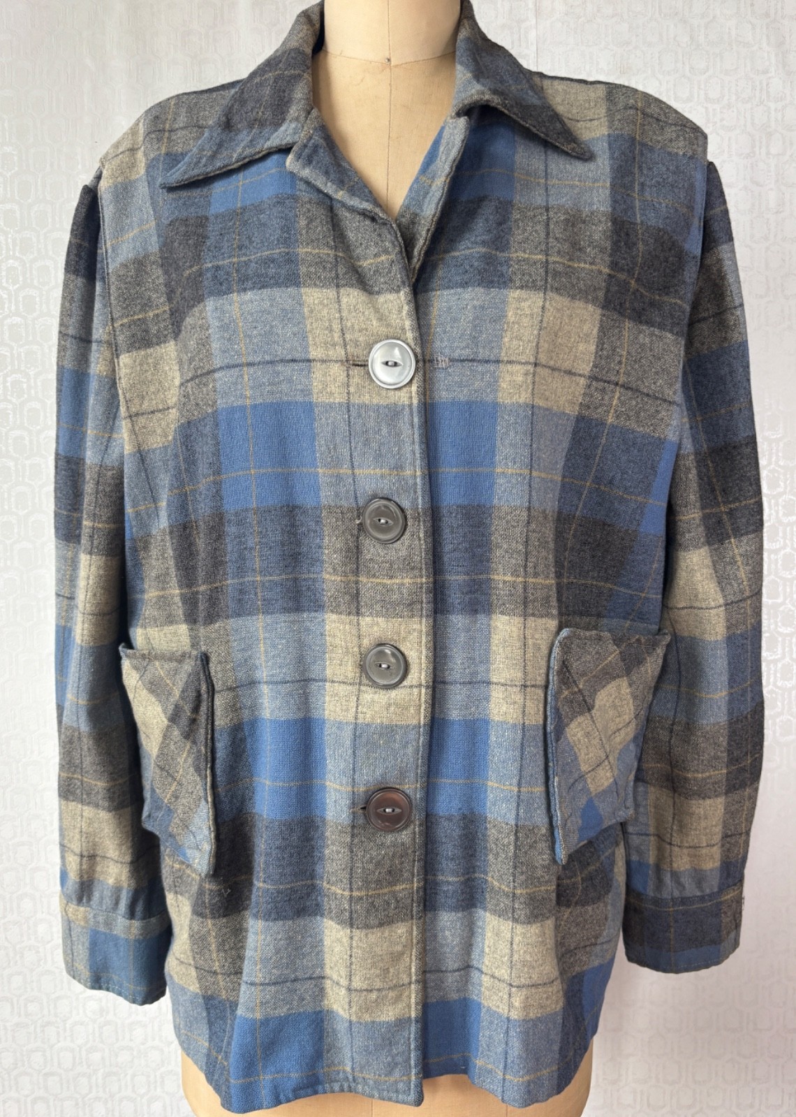 VTG 40s KERRYBROOKE WOOL BLUE GREY PLAID FLANNEL SHIRT SHACKET JACKET*repair*M/L