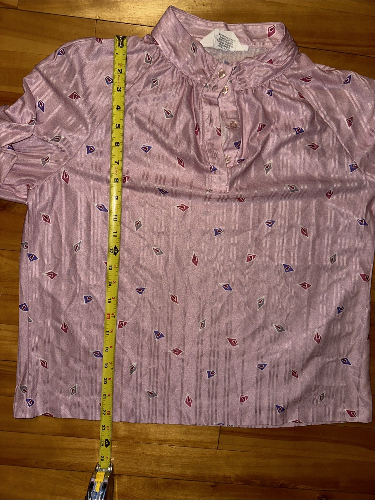 Vintage 70s Lady Devon Pink Geometric Top XL Retro Mod Disco