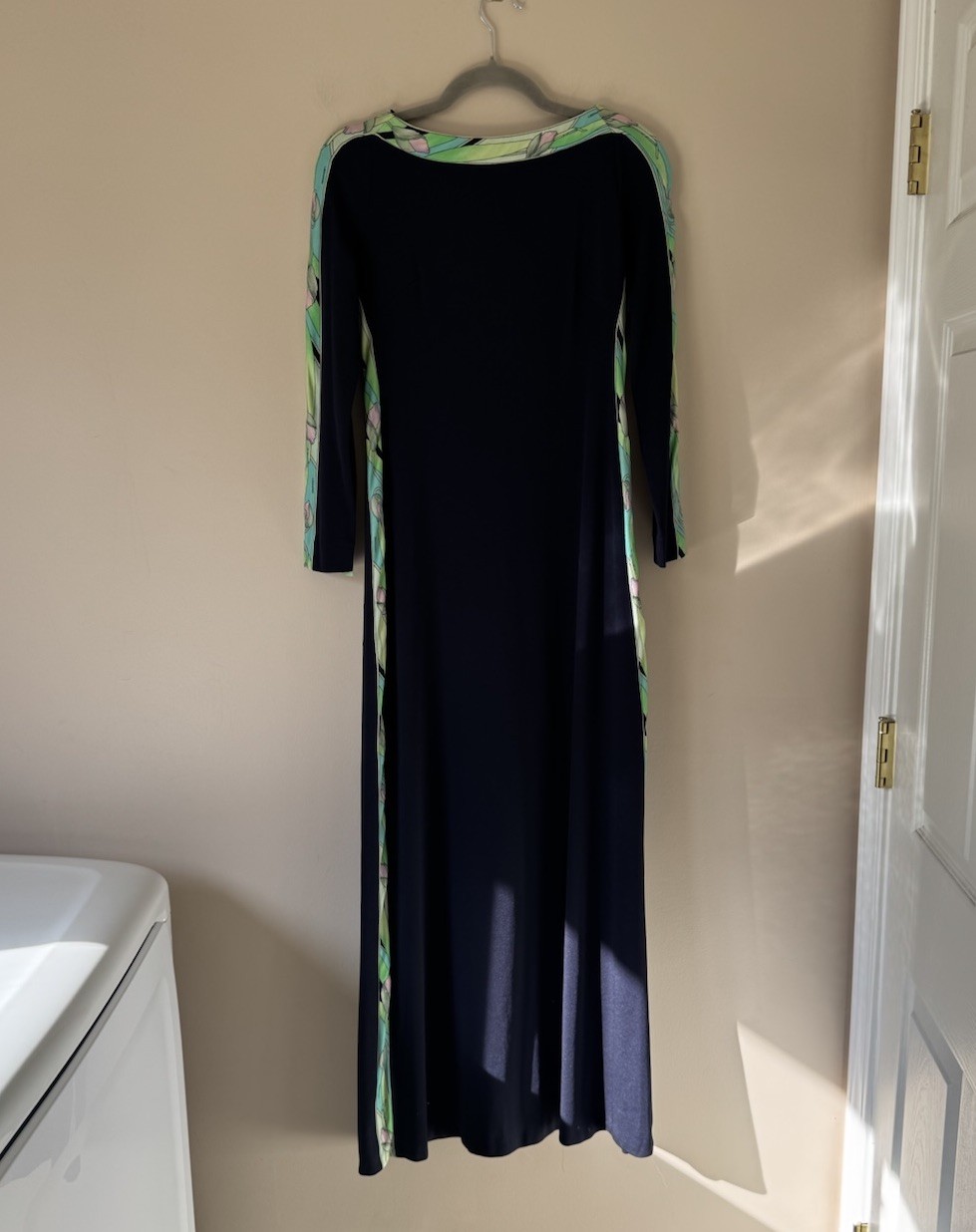 Leonard Paris Navy Blue + Lime Green / Pink 60s 70s Vintage Silk Designer Maxi