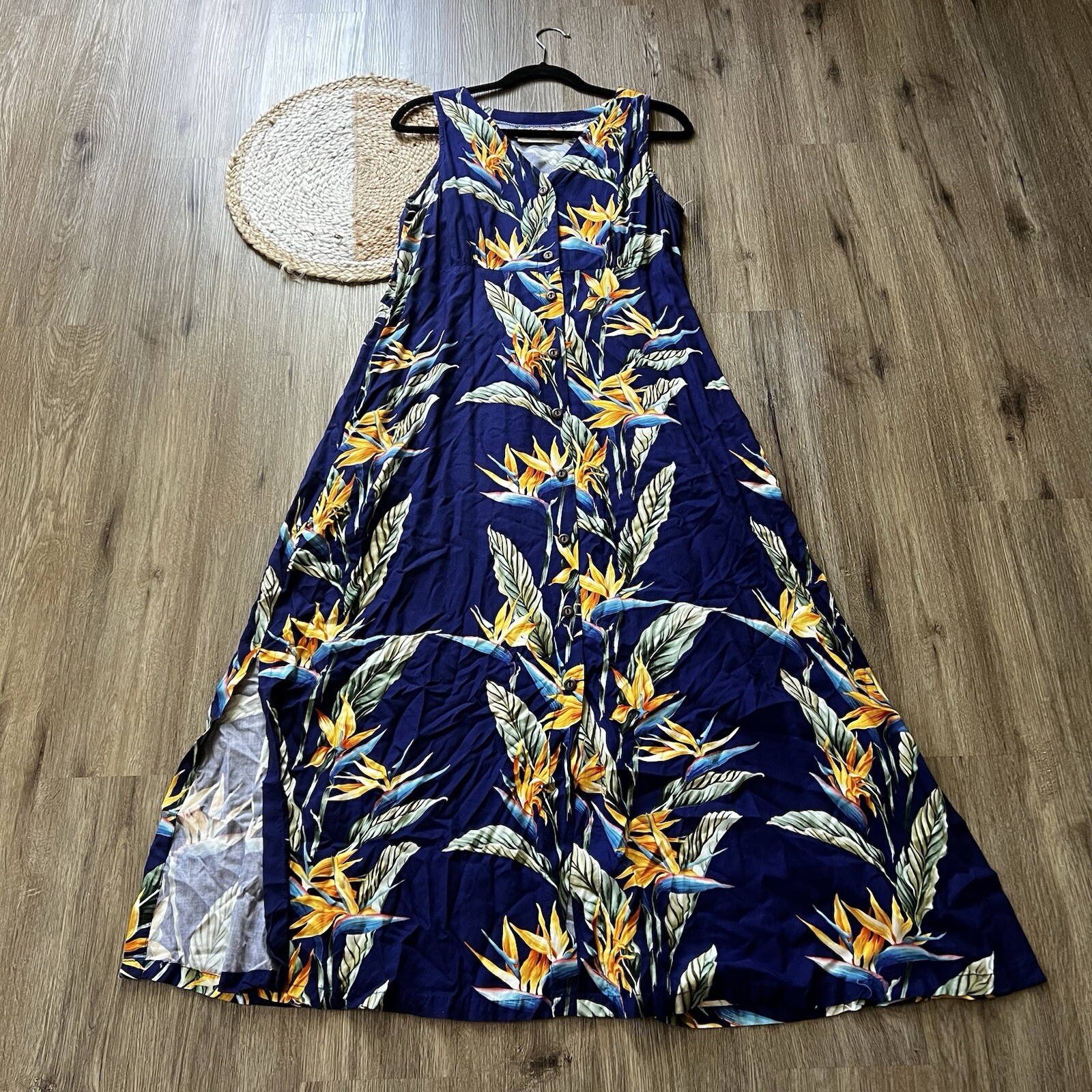 PARADISE FOUND Made in Hawaii Vtg Womens Hawaiian Maxi Dress w/ Adjustable Belt