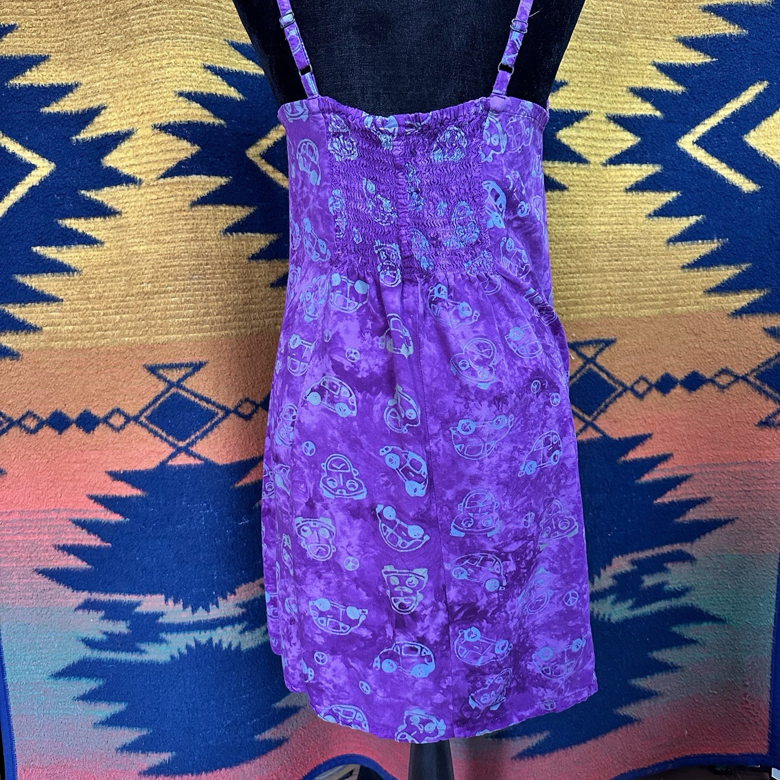 Vintage 90’s Kimberly’s Travels Purple Batik Novelty Rayon Sun Dress. Medium.