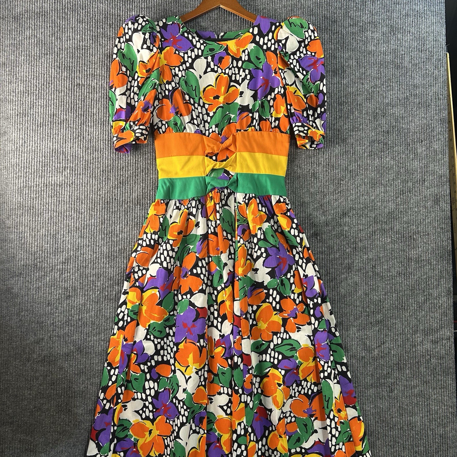 Vintage Leslie Lucks Maxi Dress Size 8 Floral Puff Shoulder Made In USA