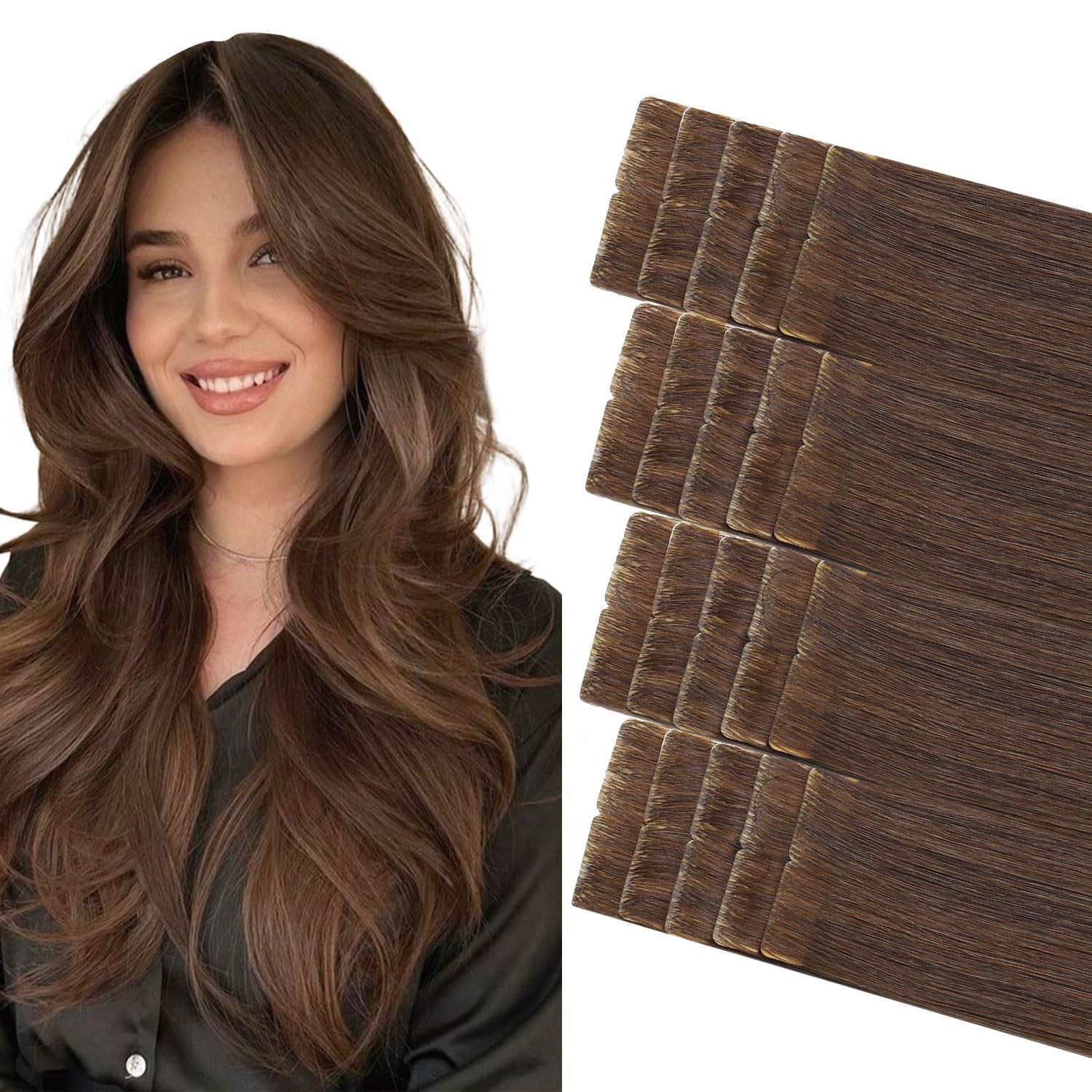 COOKAYU Invisi Edge Tape in Hair Extensions Human Hair Medium Brown 16 Inch 20pc