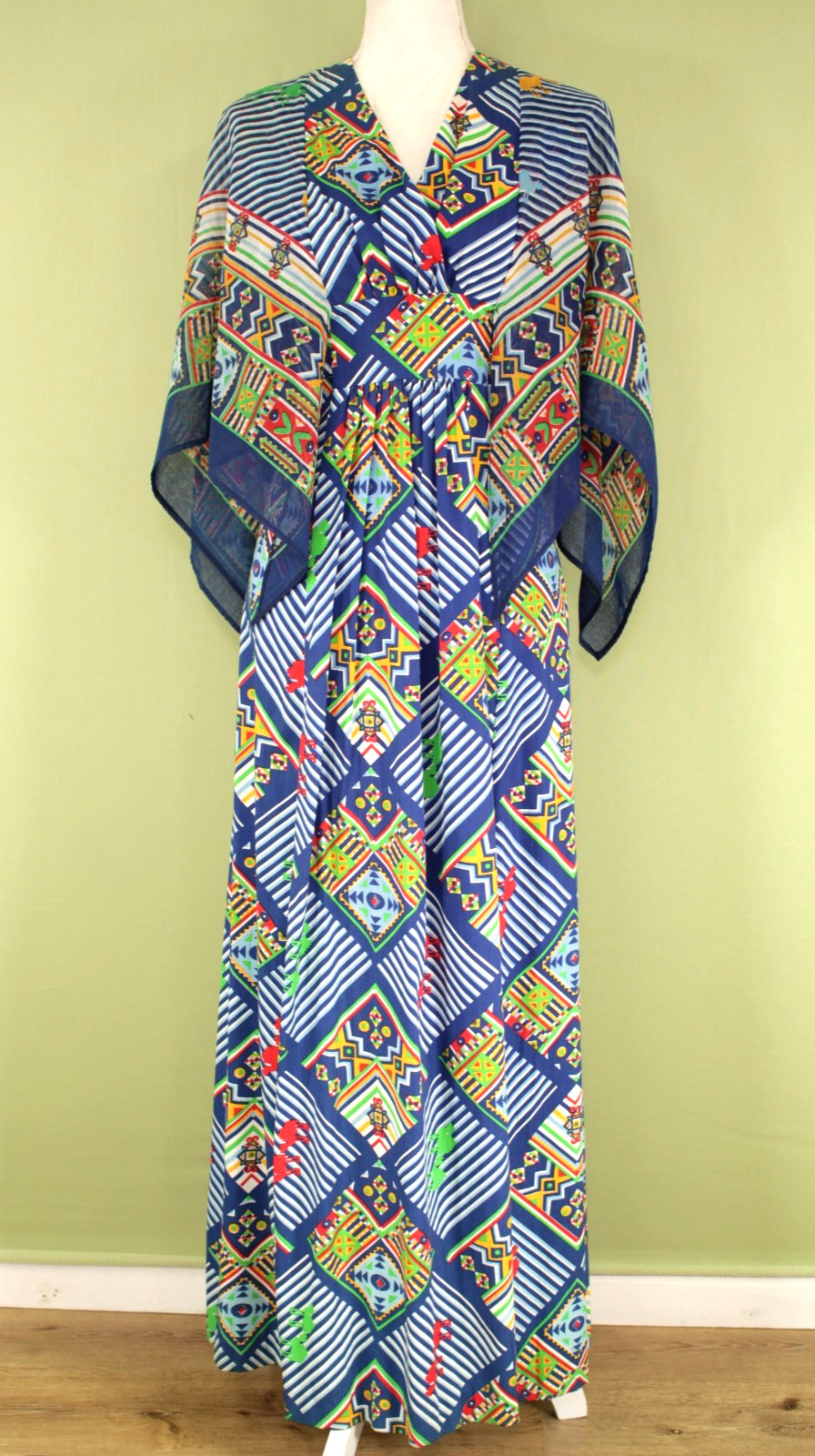 VTG Women’s 70s Blue Abstract Camel Print Maxi Dress W/ Scarf Sleeves XS/S 1970s