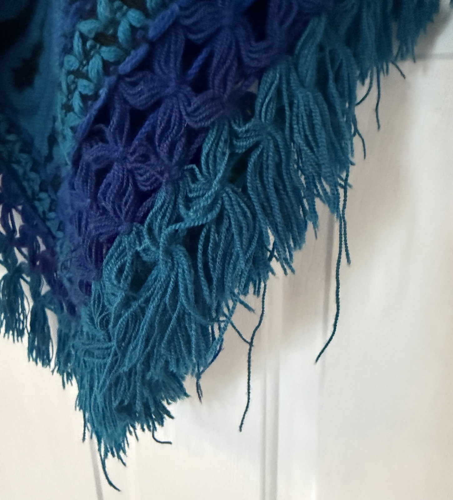 Vintage Blue & Black Tapestry Poncho Woven Fringe Reversible Boho Cottagecore