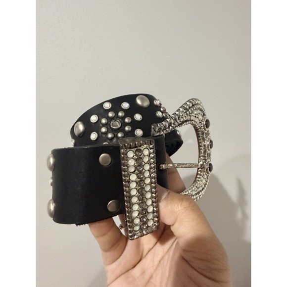 VTG RARE JEWELED “LEATHER ROCK” BELT, GENUINE LEATHER USA 38.5″ Sz L