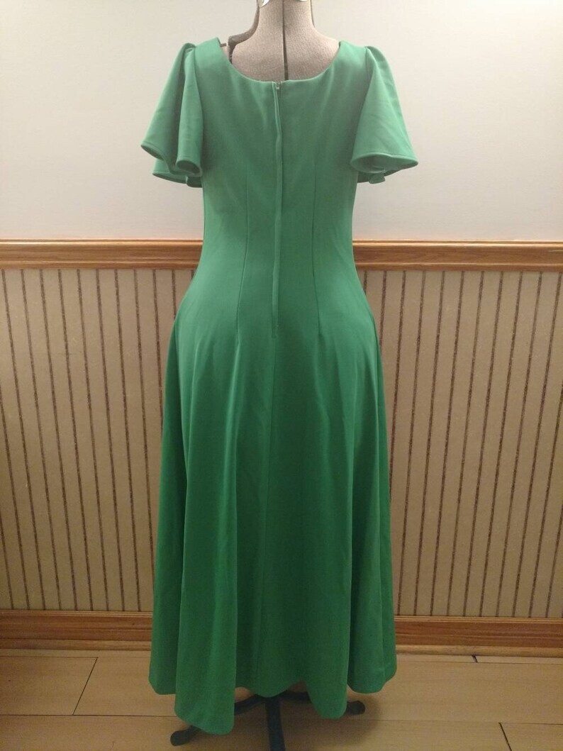 Vintage Dress Green Double Knit Polyester Maxi Dress Size 13 14