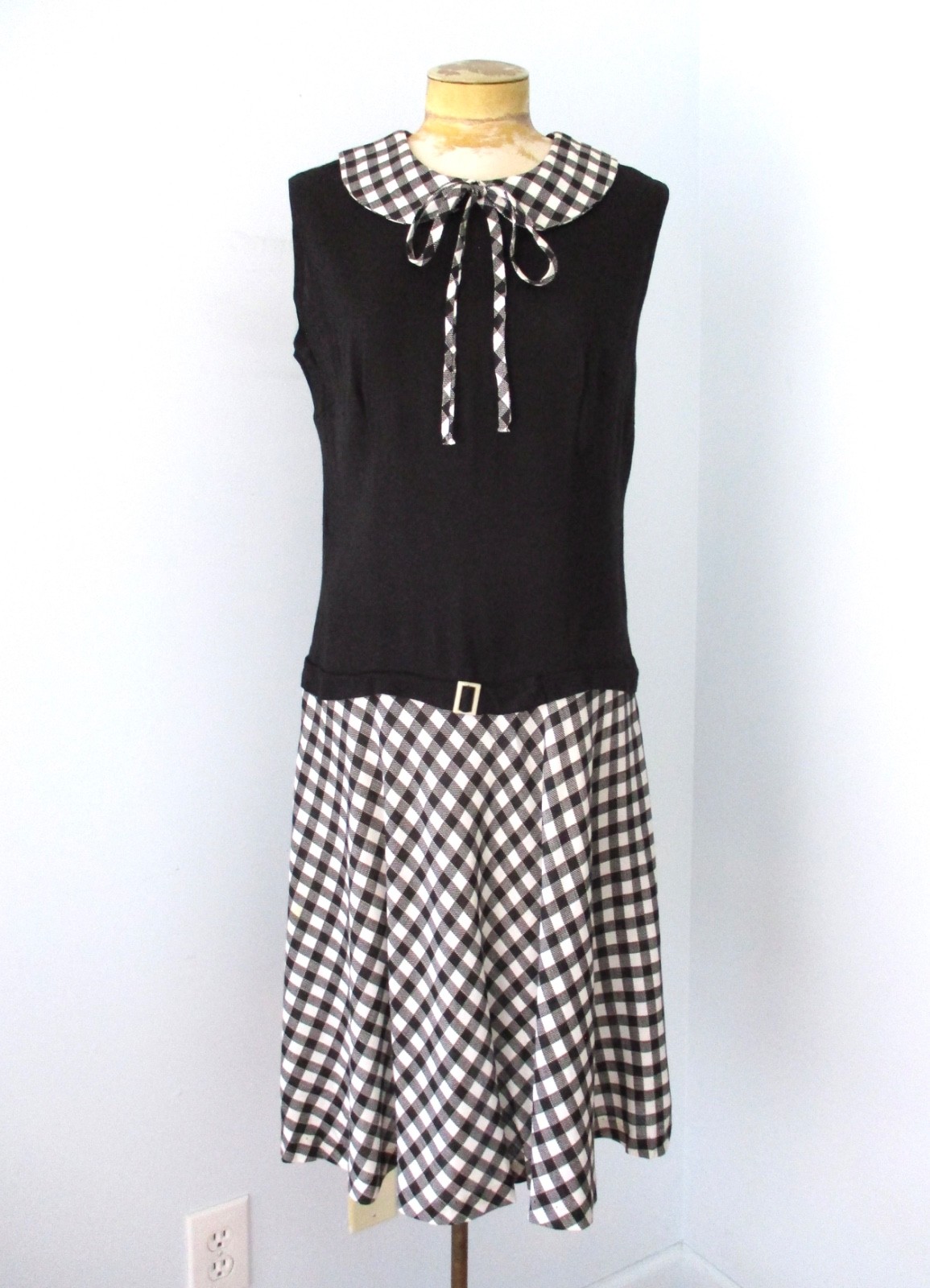 Vtg 60s Black White Drop Waist Check Gatsby Style Dress Peter Pan Collar 16 17